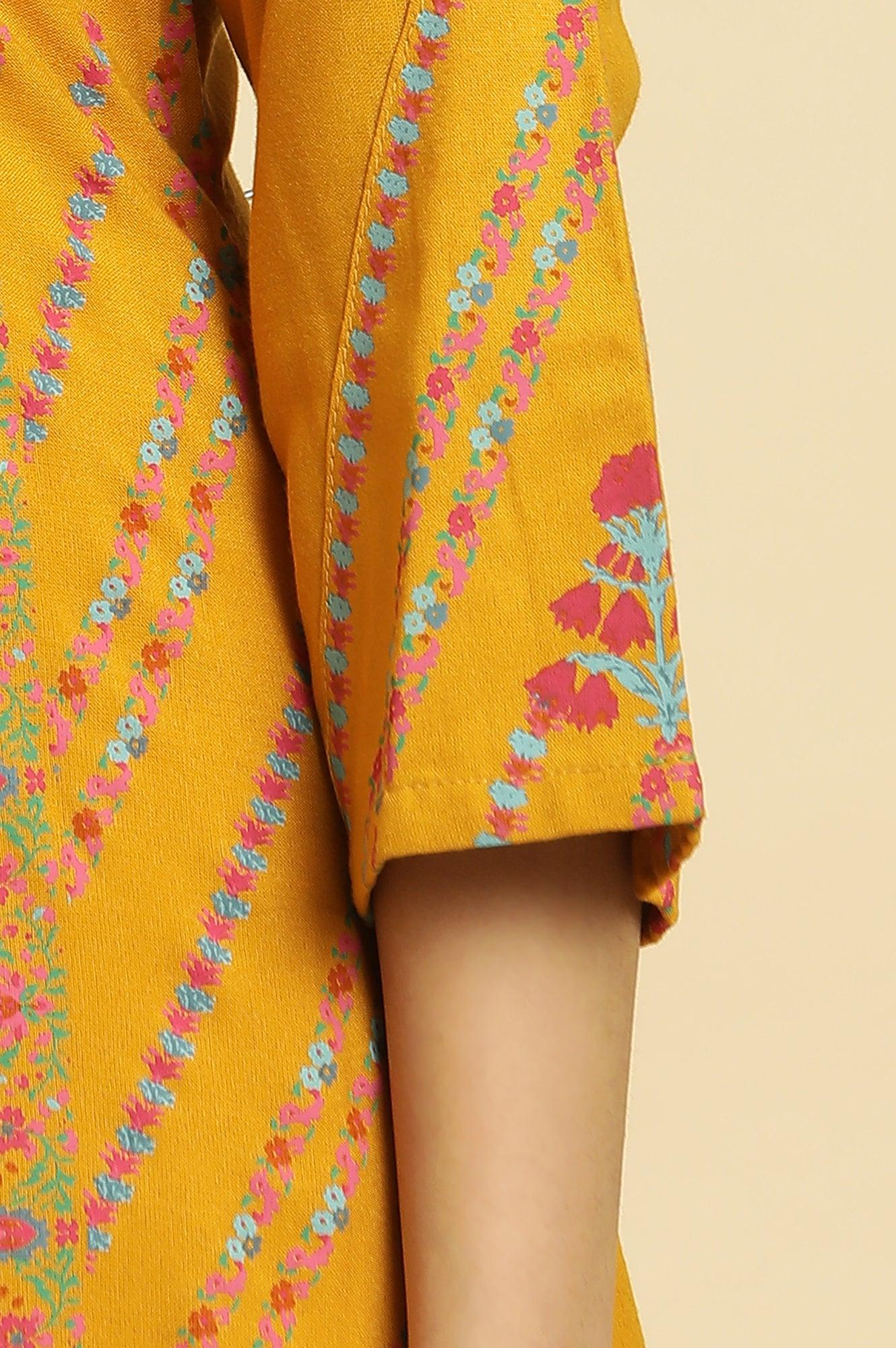 Mustard Yellow Floral Pleated Kurta In Round Neck - Image 7