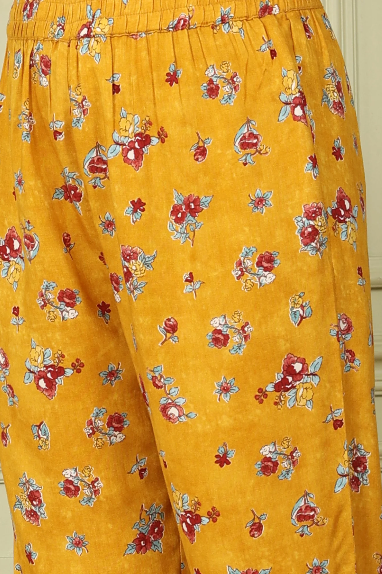 Mustard Yellow Floral Printed Breezy Rayon A-Line Kurta And Pants Set - Image 9