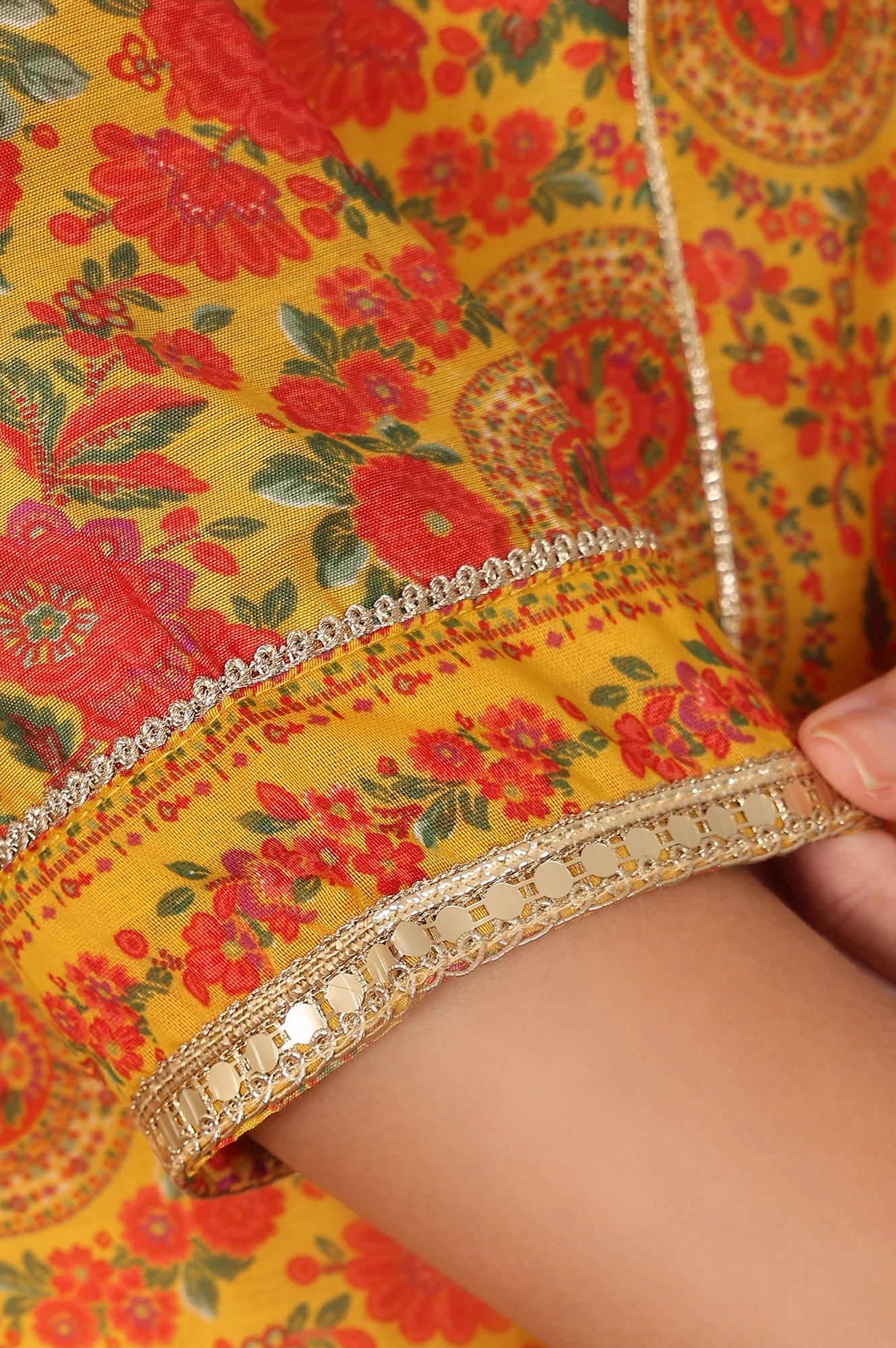 Mustard Yellow Floral Printed Chanderi Anarkali Kurta With Embroidery, Flared Pants And Dupatta Set - Image 7