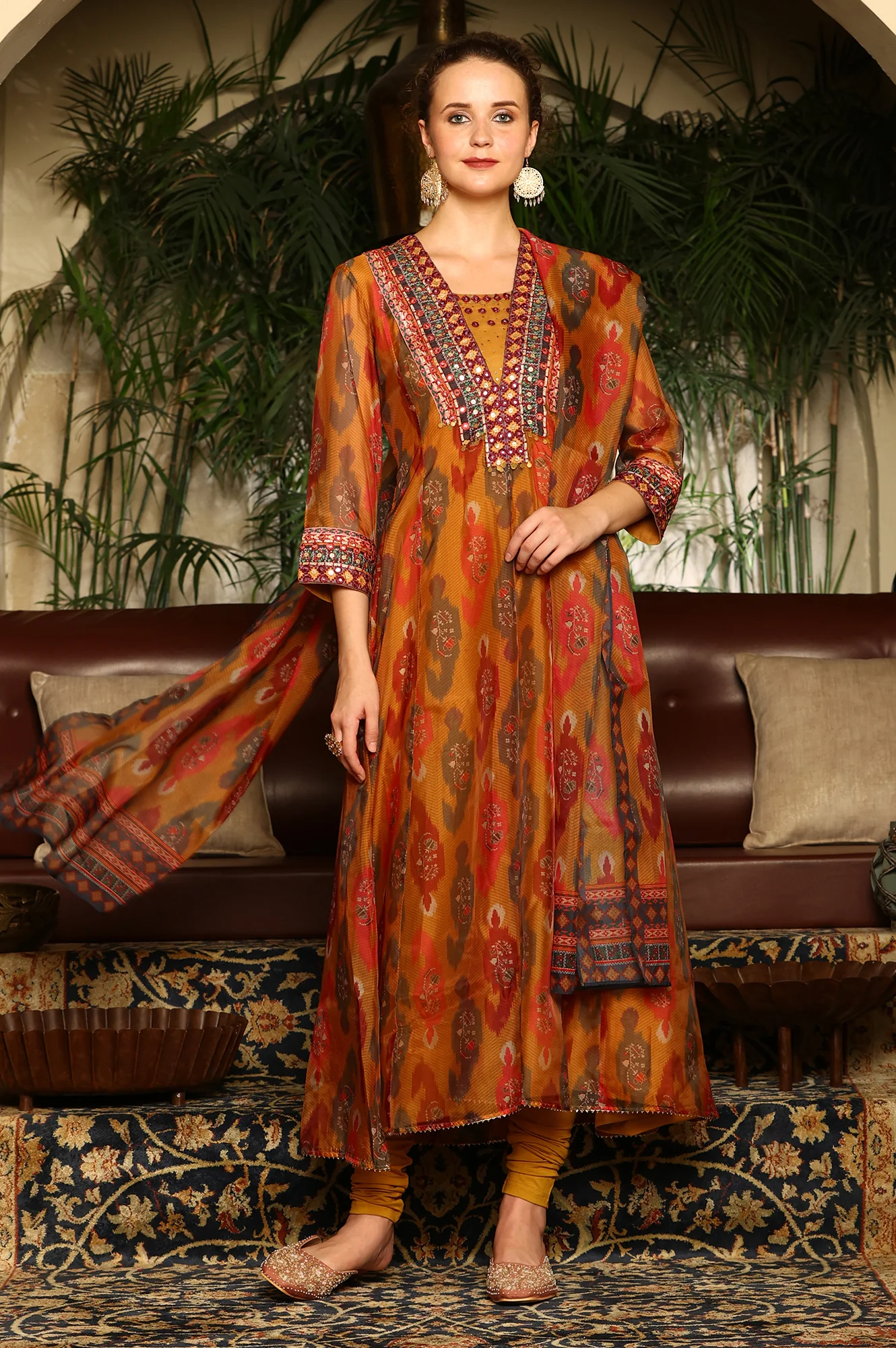 Mustard Yellow Ikkat Printed Embellished Organza Anarkali Kurta, Churidar And Dupatta Set - Image 2