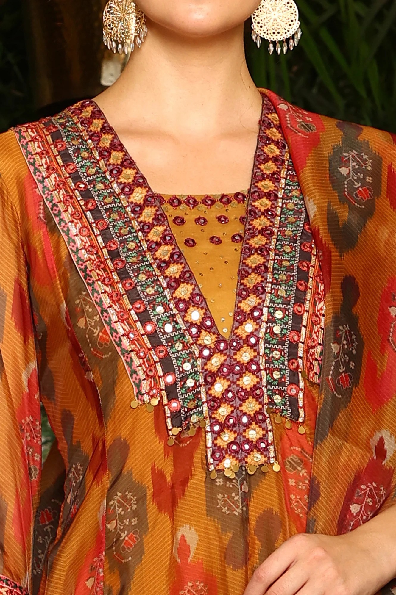 Mustard Yellow Ikkat Printed Embellished Organza Anarkali Kurta, Churidar And Dupatta Set - Image 3