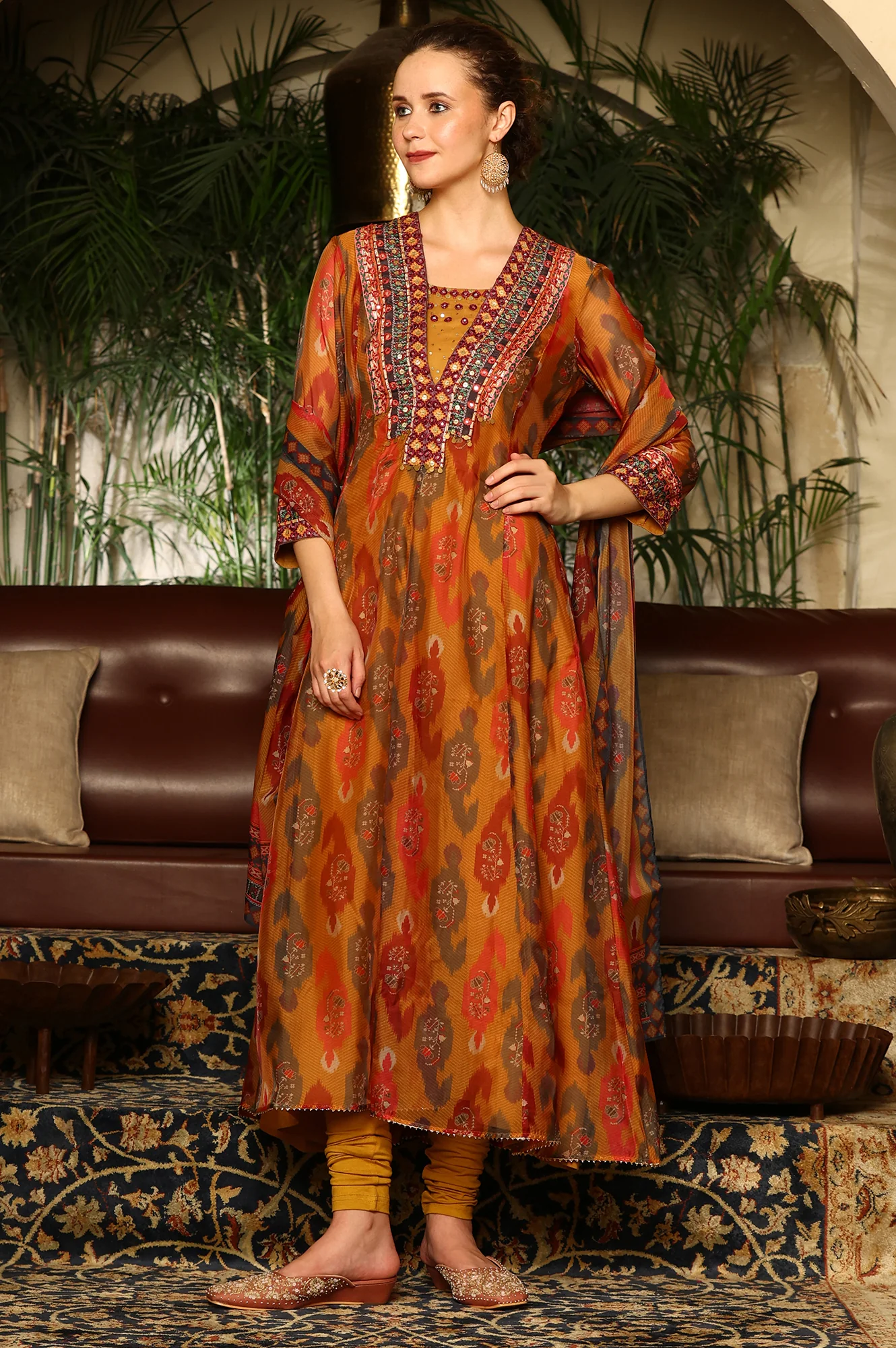 Mustard Yellow Ikkat Printed Embellished Organza Anarkali Kurta, Churidar And Dupatta Set - Image 4