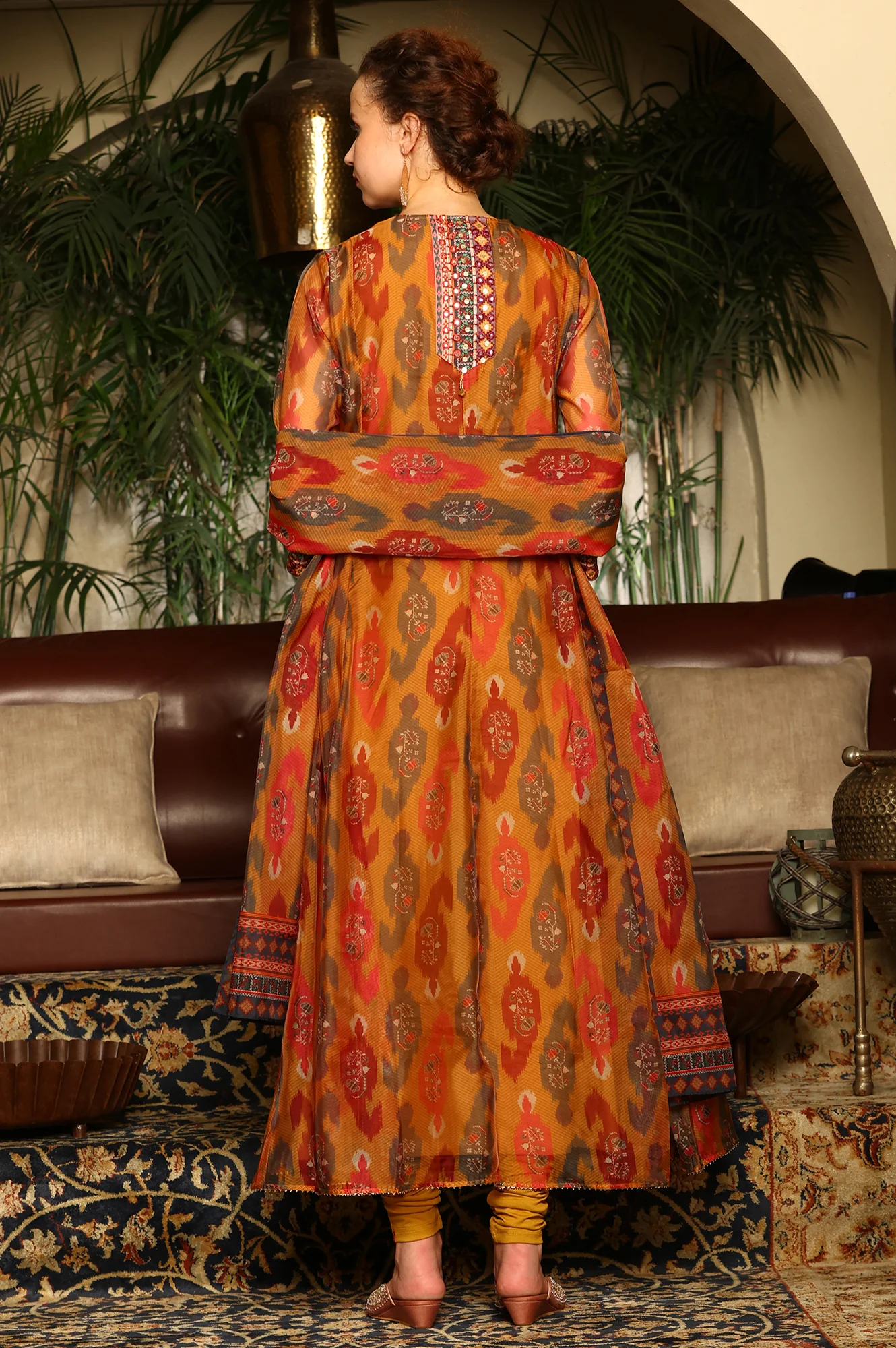 Mustard Yellow Ikkat Printed Embellished Organza Anarkali Kurta, Churidar And Dupatta Set - Image 5