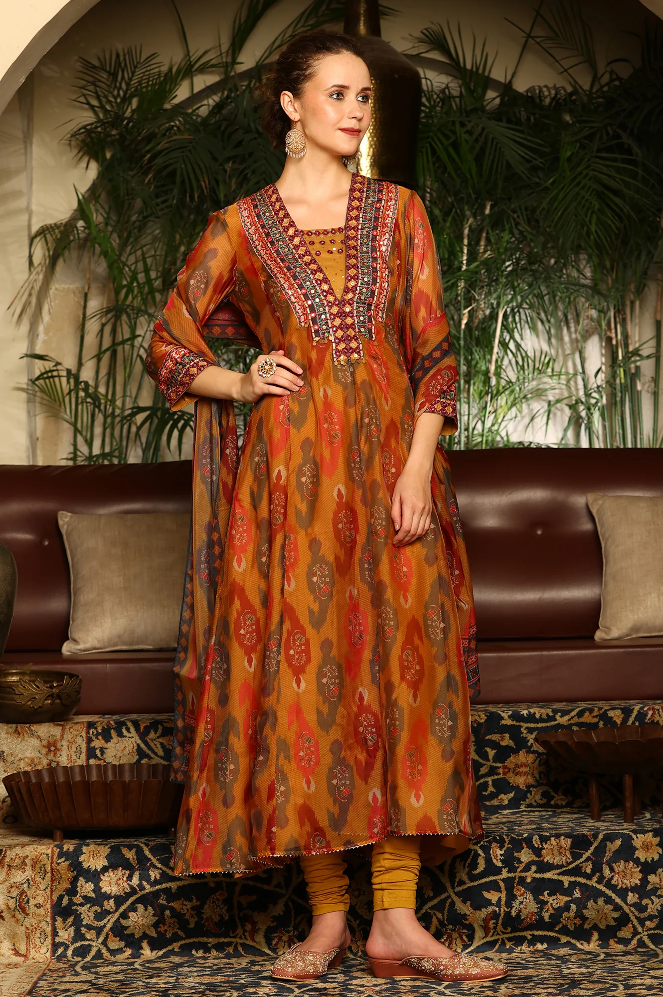 Mustard Yellow Ikkat Printed Embellished Organza Anarkali Kurta, Churidar And Dupatta Set - Image 6
