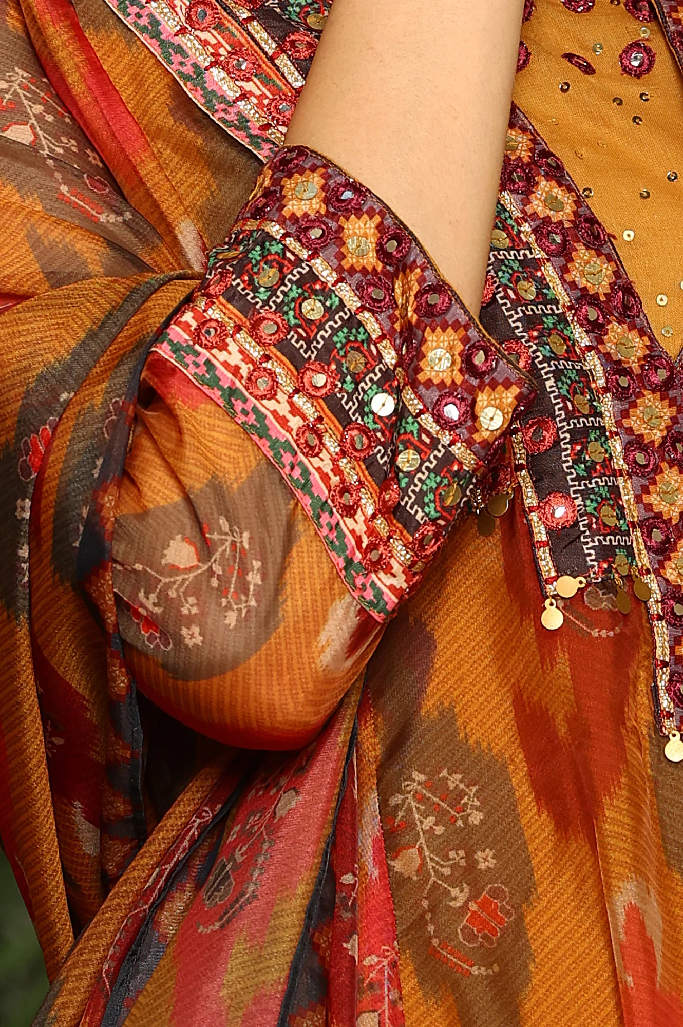 Mustard Yellow Ikkat Printed Embellished Organza Anarkali Kurta, Churidar And Dupatta Set - Image 7