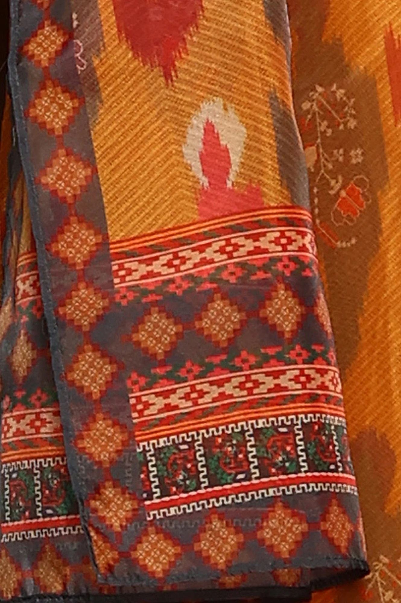 Mustard Yellow Ikkat Printed Embellished Organza Anarkali Kurta, Churidar And Dupatta Set - Image 9