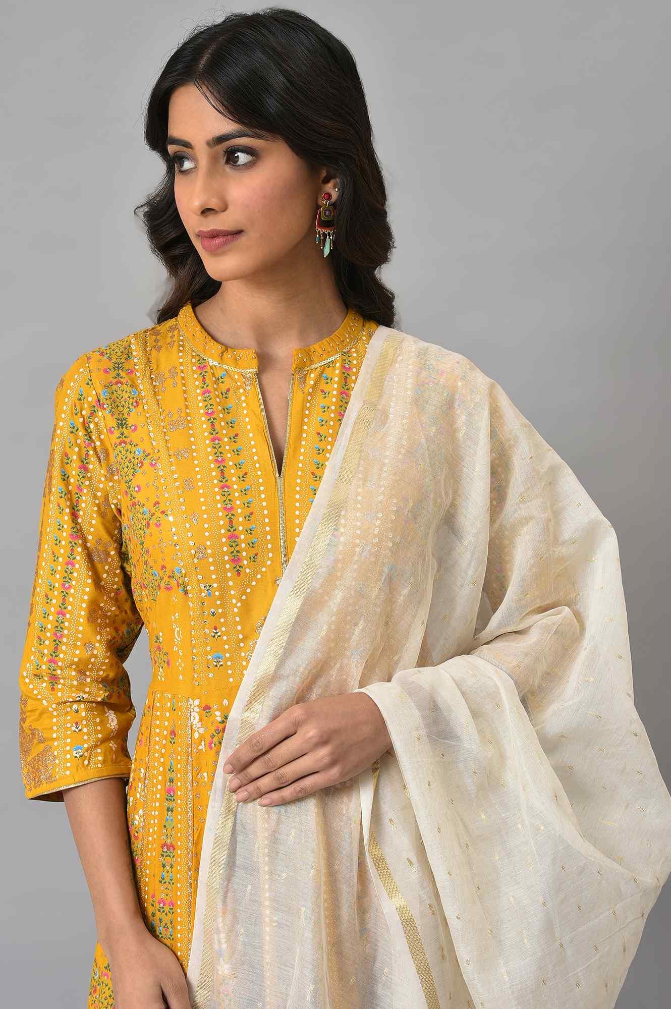 Mustard Yellow Kalidar Printed Dress With White Skirt And Chanderi Dupatta - Image 5