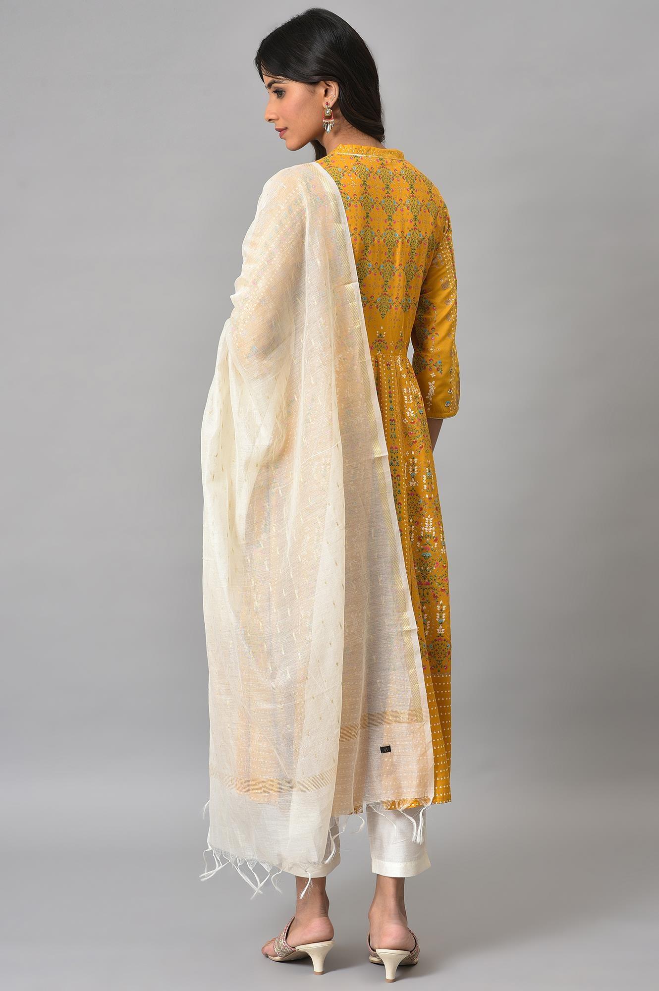 Mustard Yellow Kalidar Printed Dress With White Slim Pants And Chanderi Dupatta - Image 2