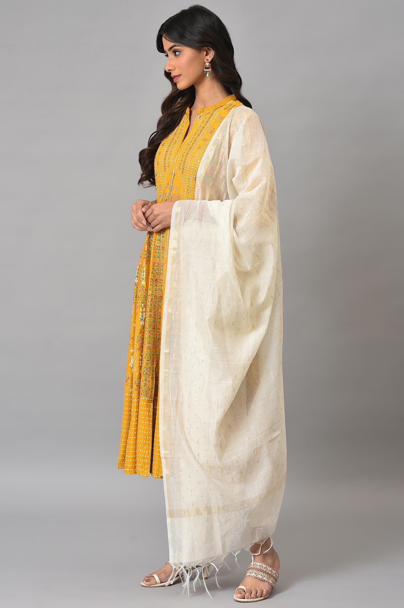 Mustard Yellow Kalidar Printed Dress With White Slim Pants And Chanderi Dupatta - Image 3