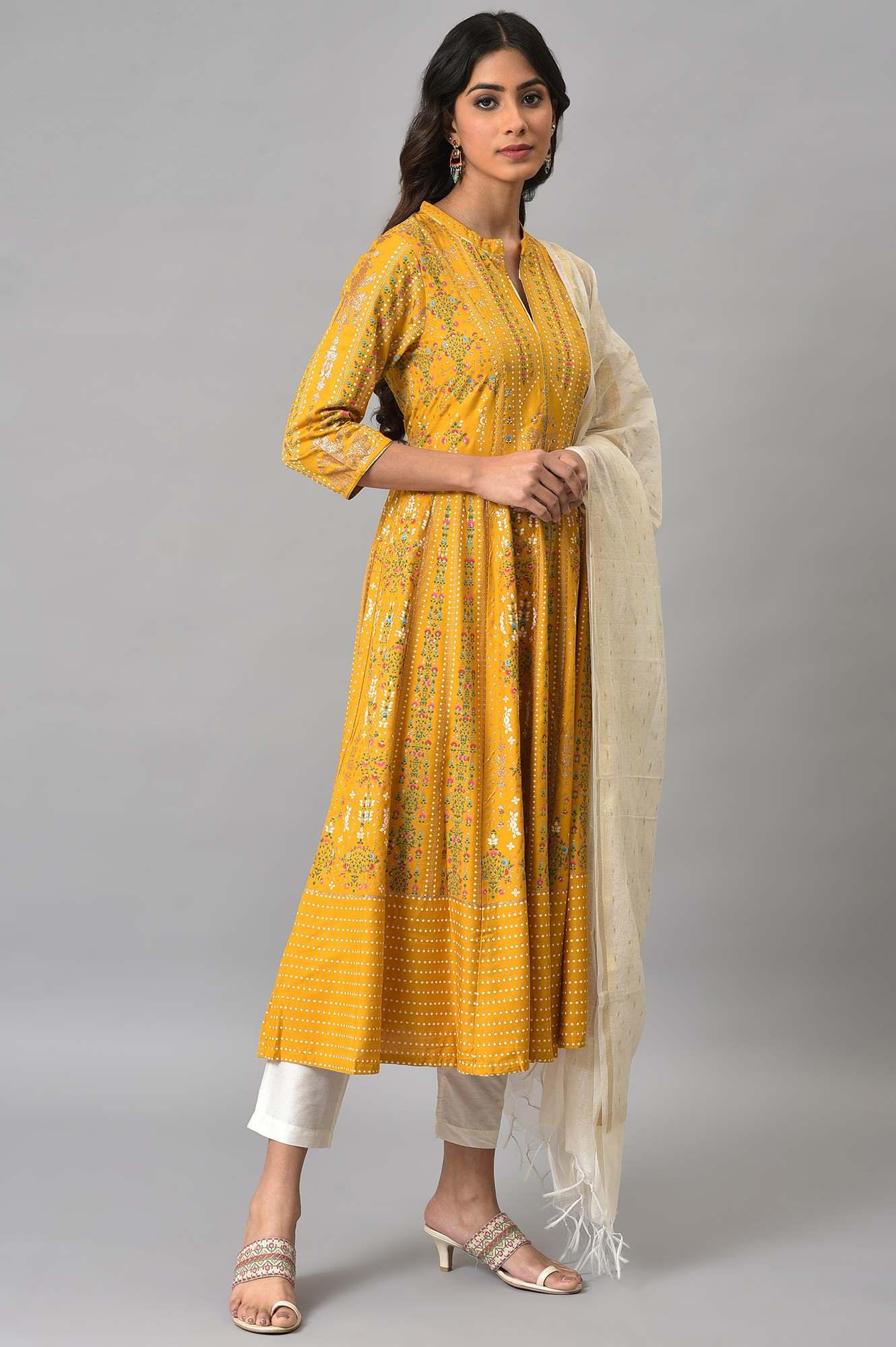 Mustard Yellow Kalidar Printed Dress With White Slim Pants And Chanderi Dupatta - Image 4