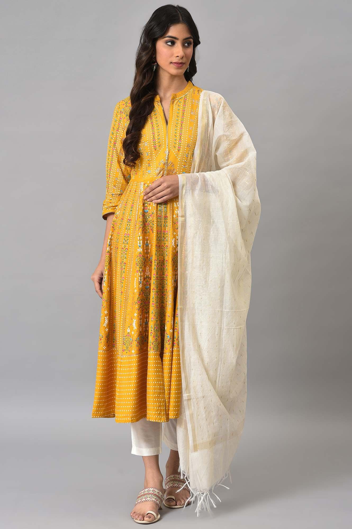 Mustard Yellow Kalidar Printed Dress With White Slim Pants And Chanderi Dupatta - Image 9