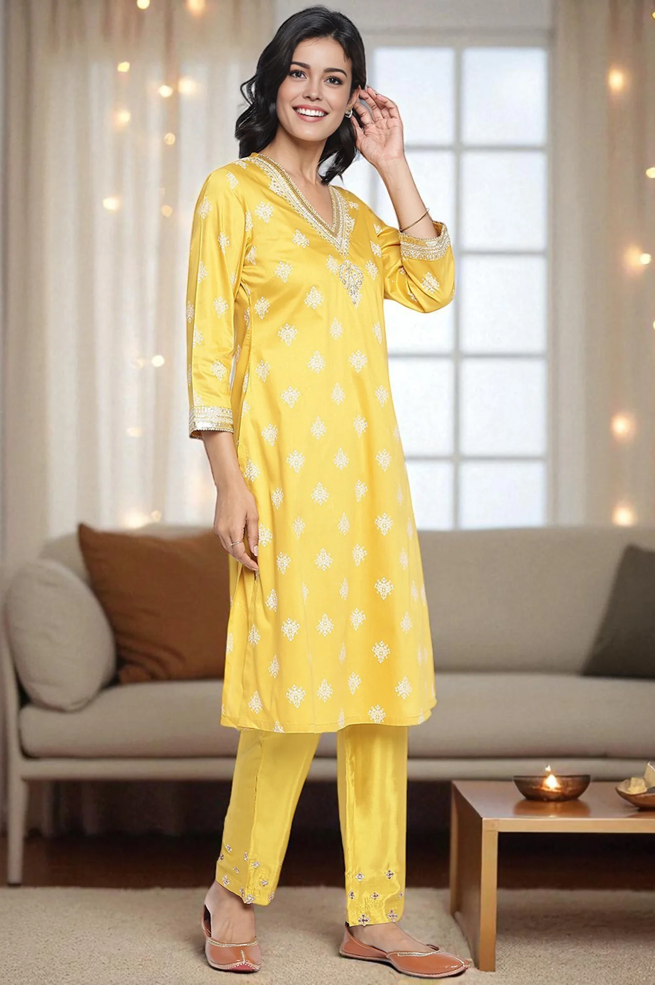 Mustard Yellow Printed A-line Kurta - Image 5