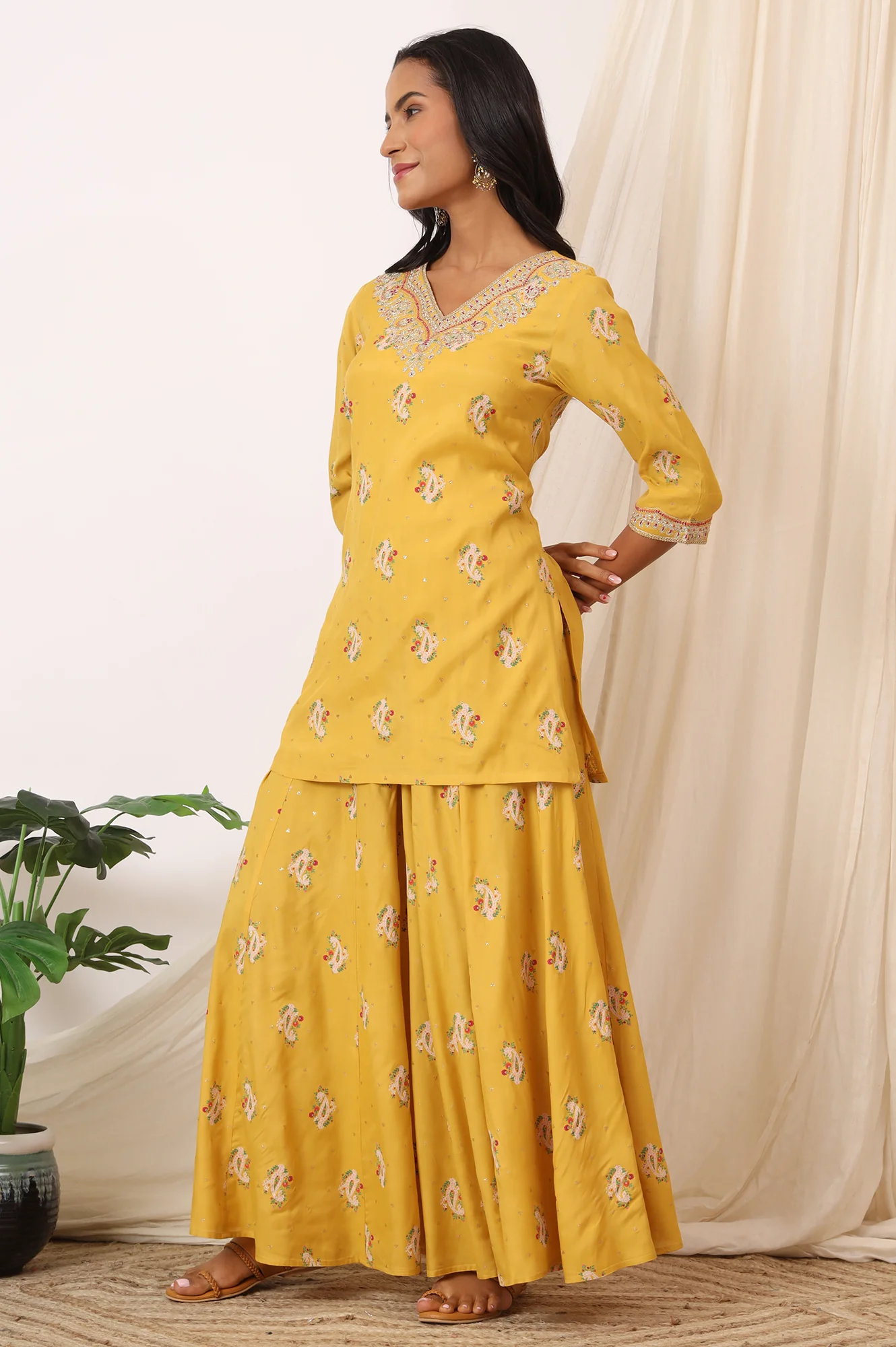 Mustard Yellow Printed Short Shantung Kurti, Culottes and Dupatta Set - Image 5