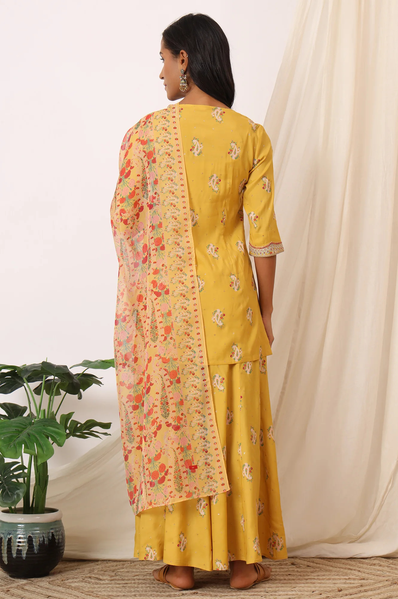 Mustard Yellow Printed Short Shantung Kurti, Culottes and Dupatta Set - Image 6