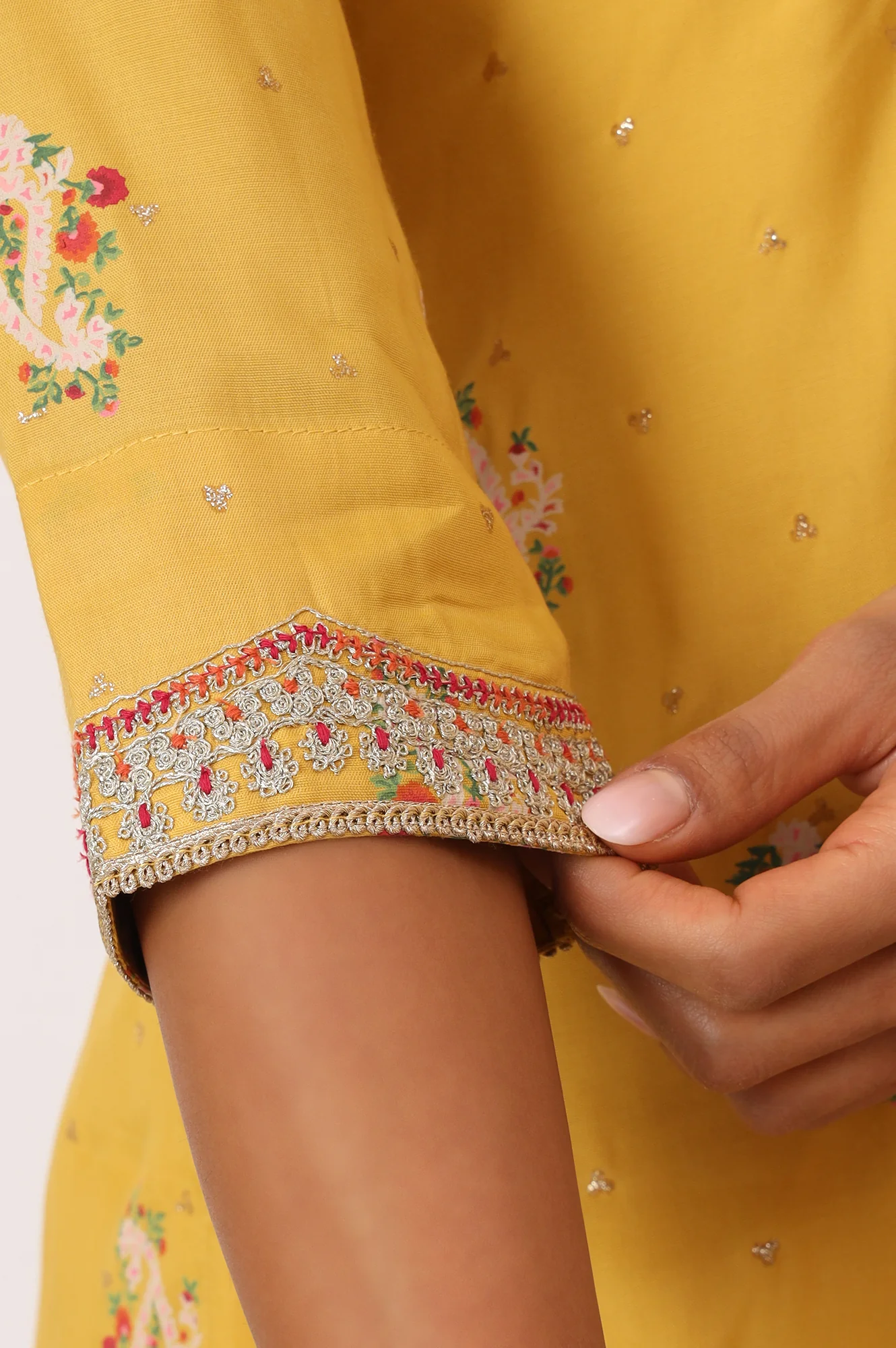 Mustard Yellow Printed Short Shantung Kurti, Culottes and Dupatta Set - Image 8