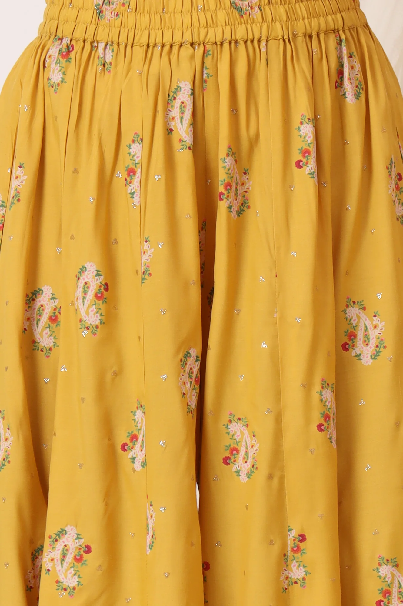 Mustard Yellow Printed Short Shantung Kurti, Culottes and Dupatta Set - Image 9