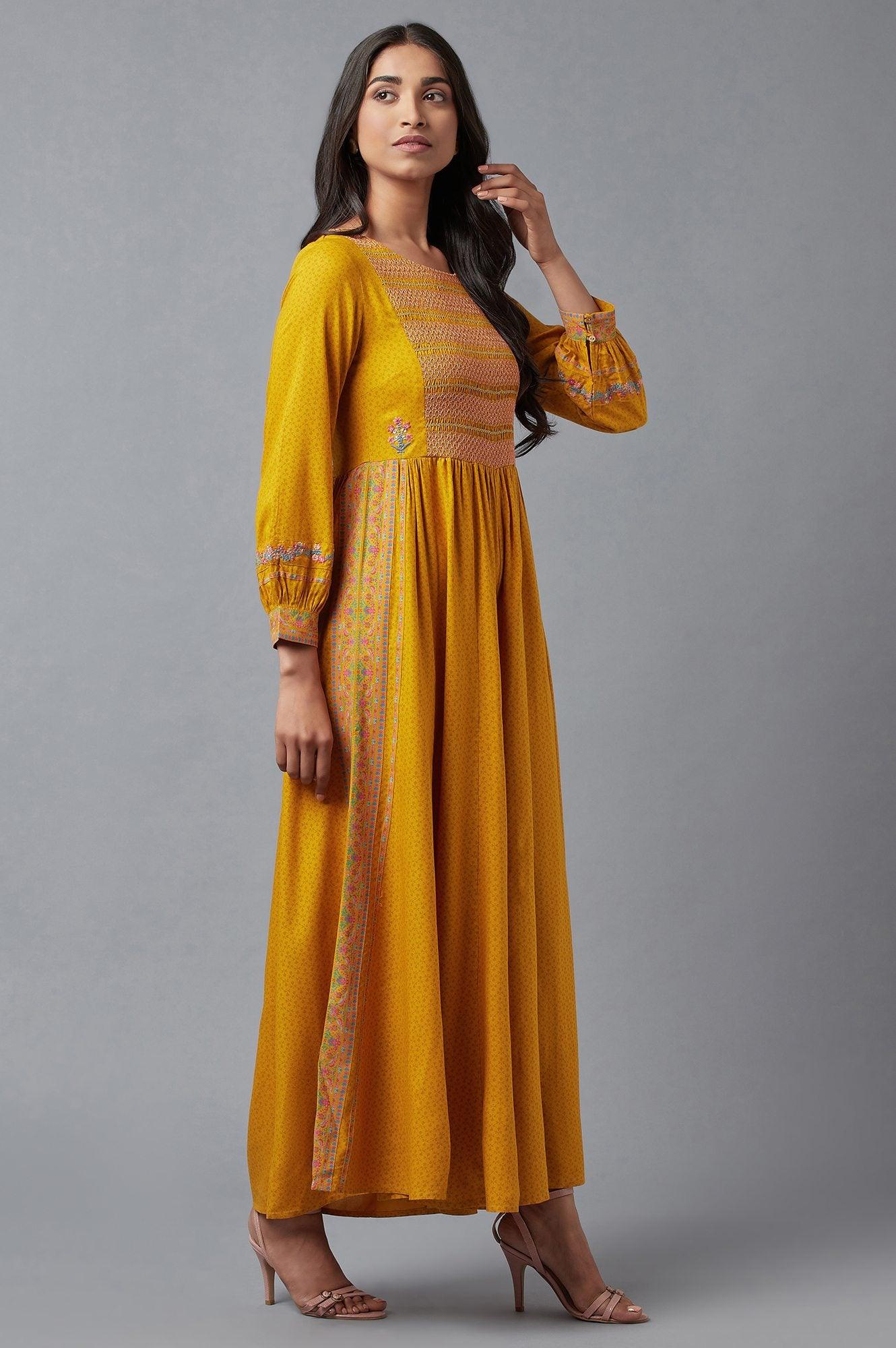 Mustard Yellow Smocked Yoke Jumpsuit With Embroidery - Image 4