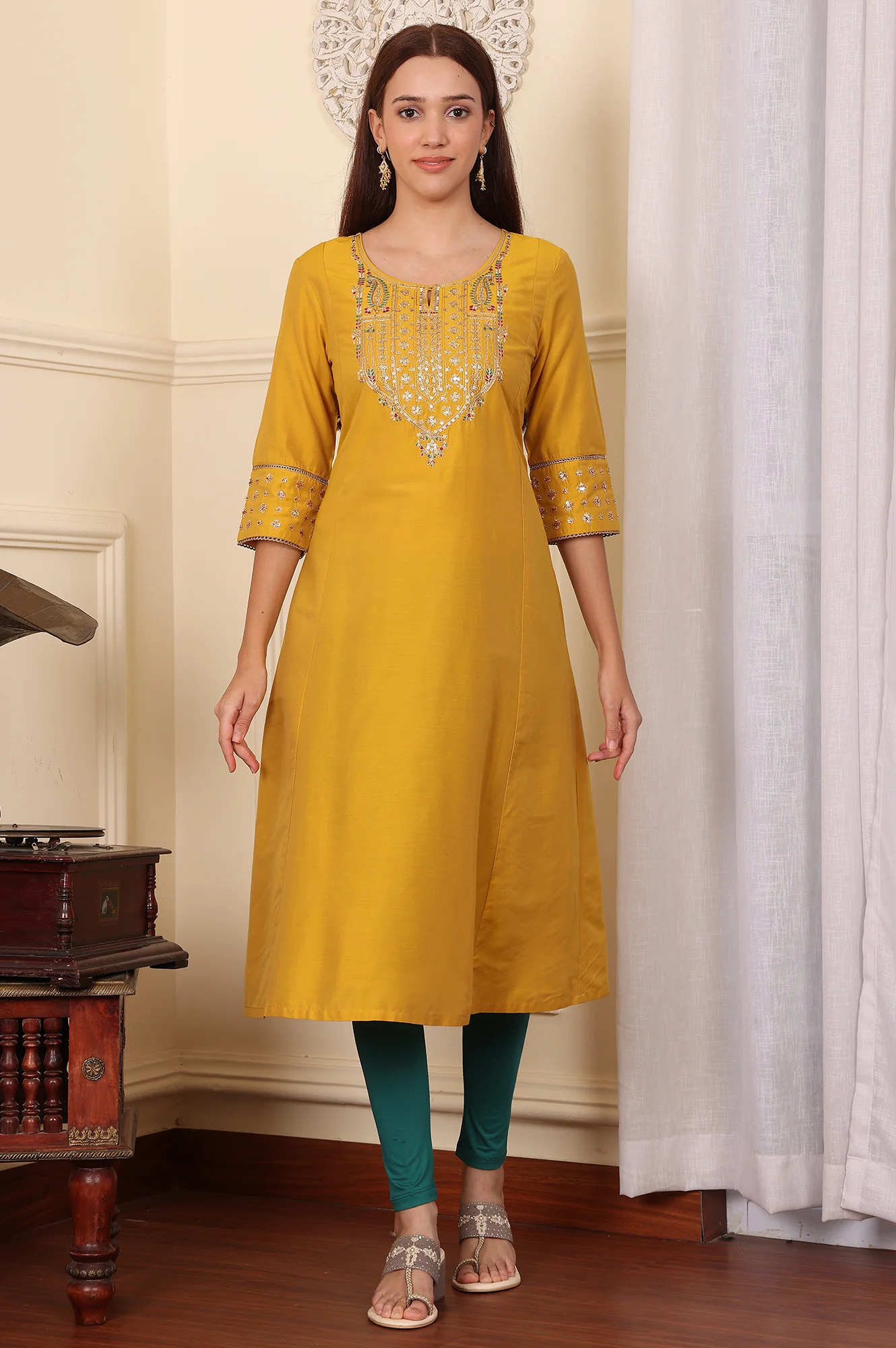 Mustard Yellow Solid Flared Kurta With Embroidered Yoke - Image 2