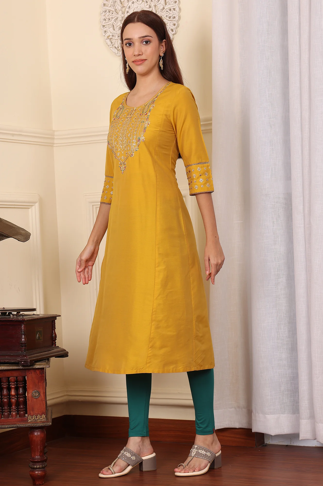 Mustard Yellow Solid Flared Kurta With Embroidered Yoke - Image 6