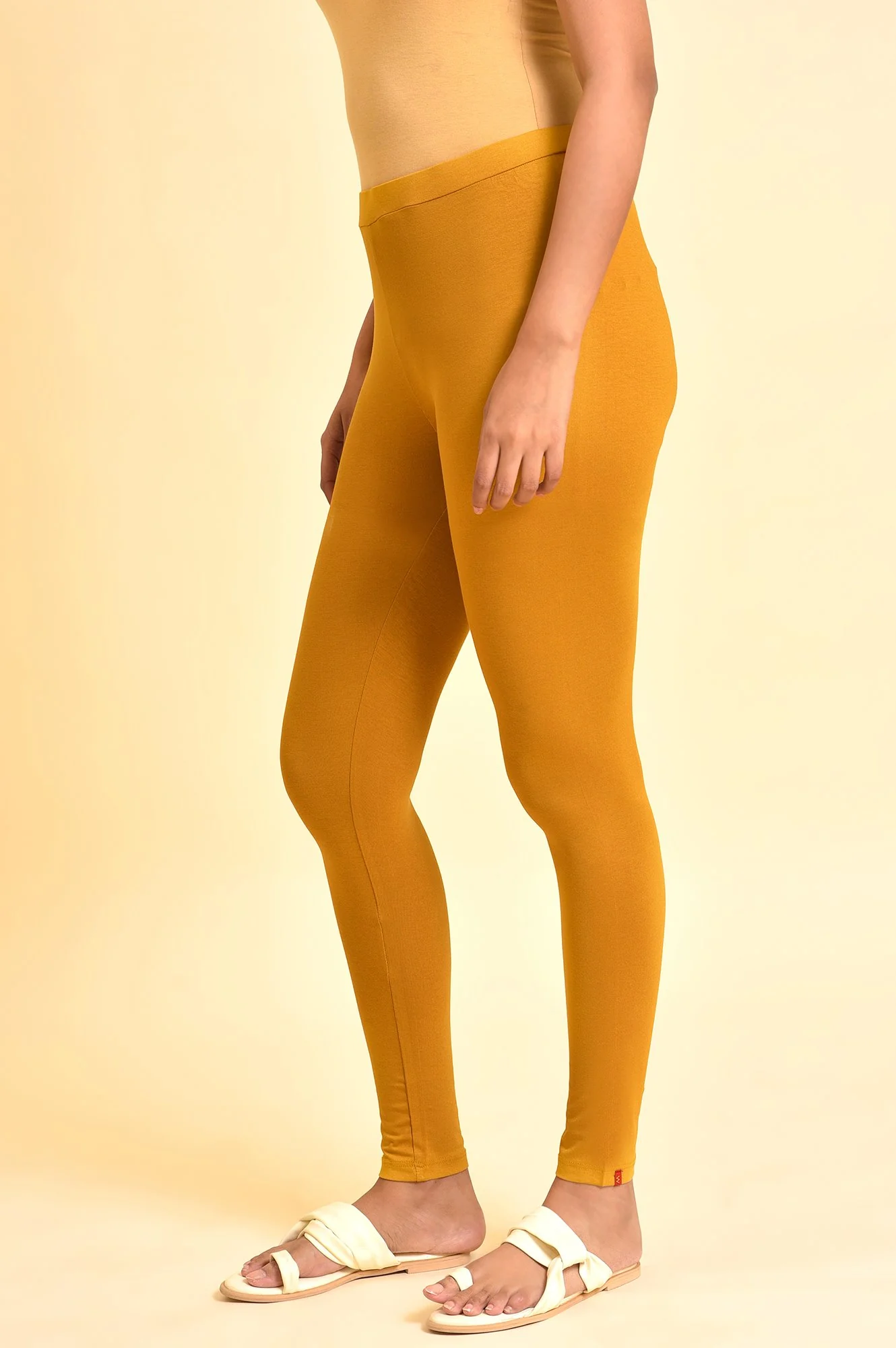 Mustard Yellow Solid Viscose Lycra Tights - Image 3