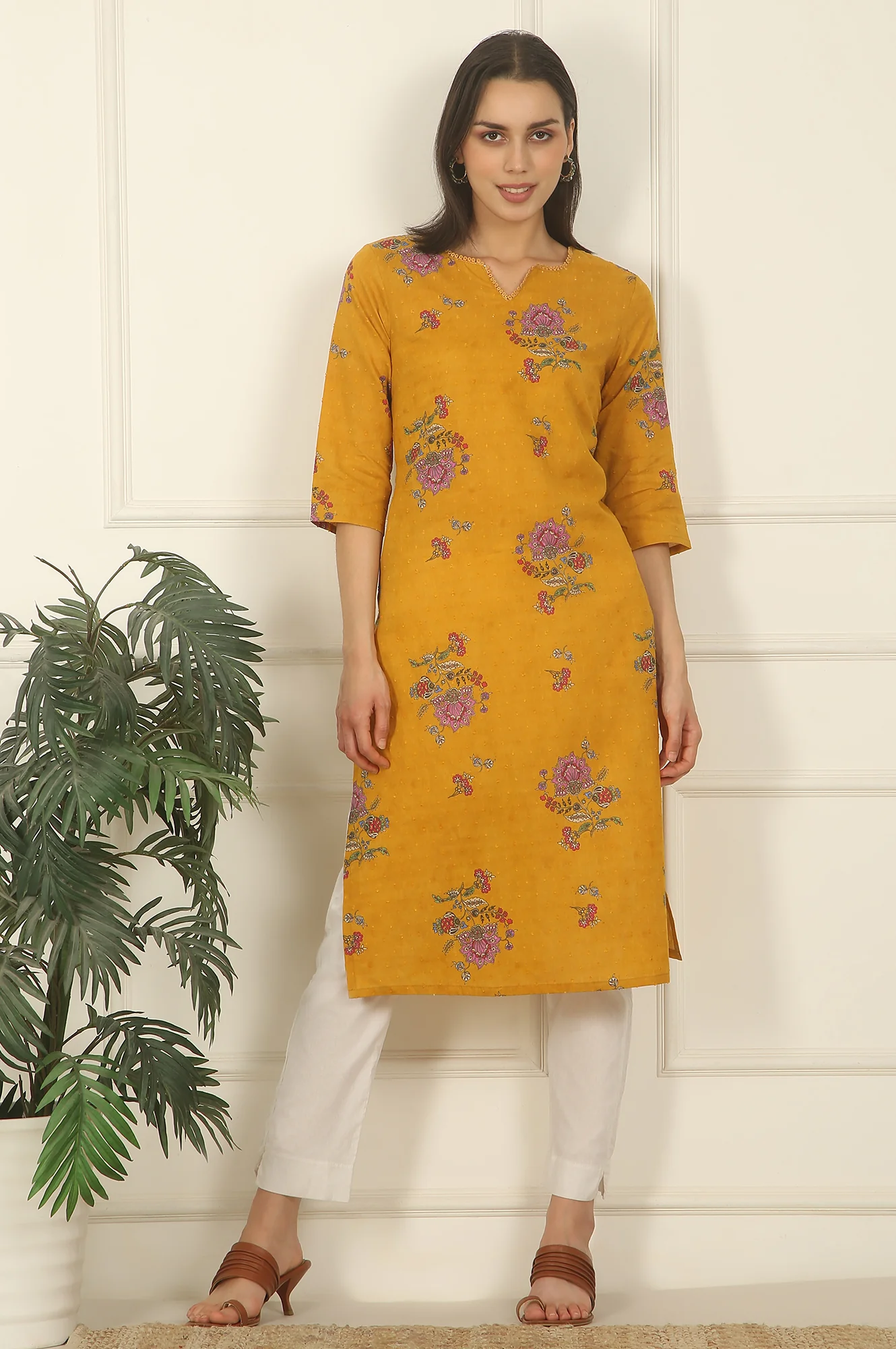 Mustard Yellow Swiss Dot Textured Cotton Straight Kurta - Image 3