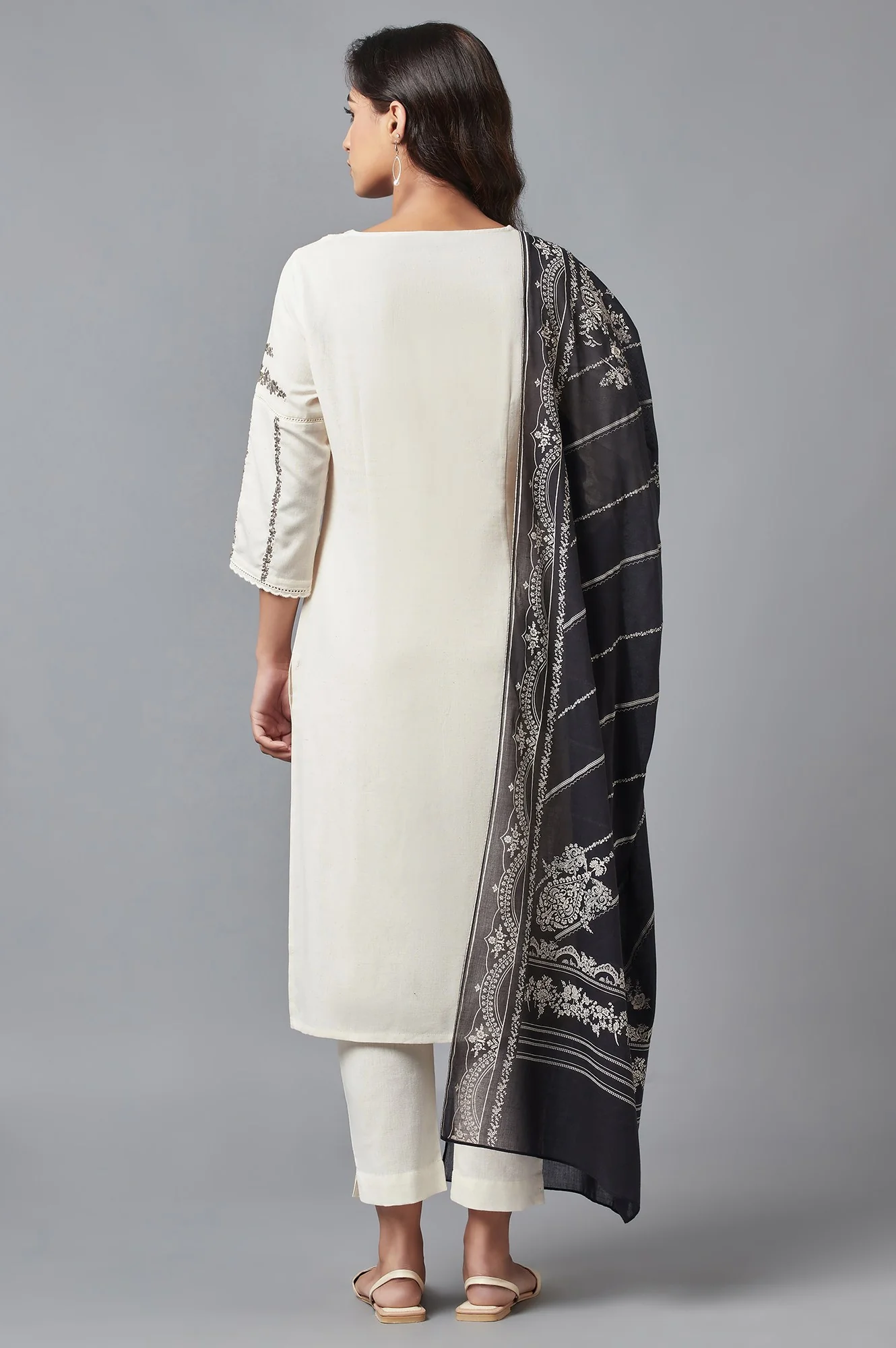 Natural Beige Embroidered kurta with Slim Pants and Dupatta - Image 2