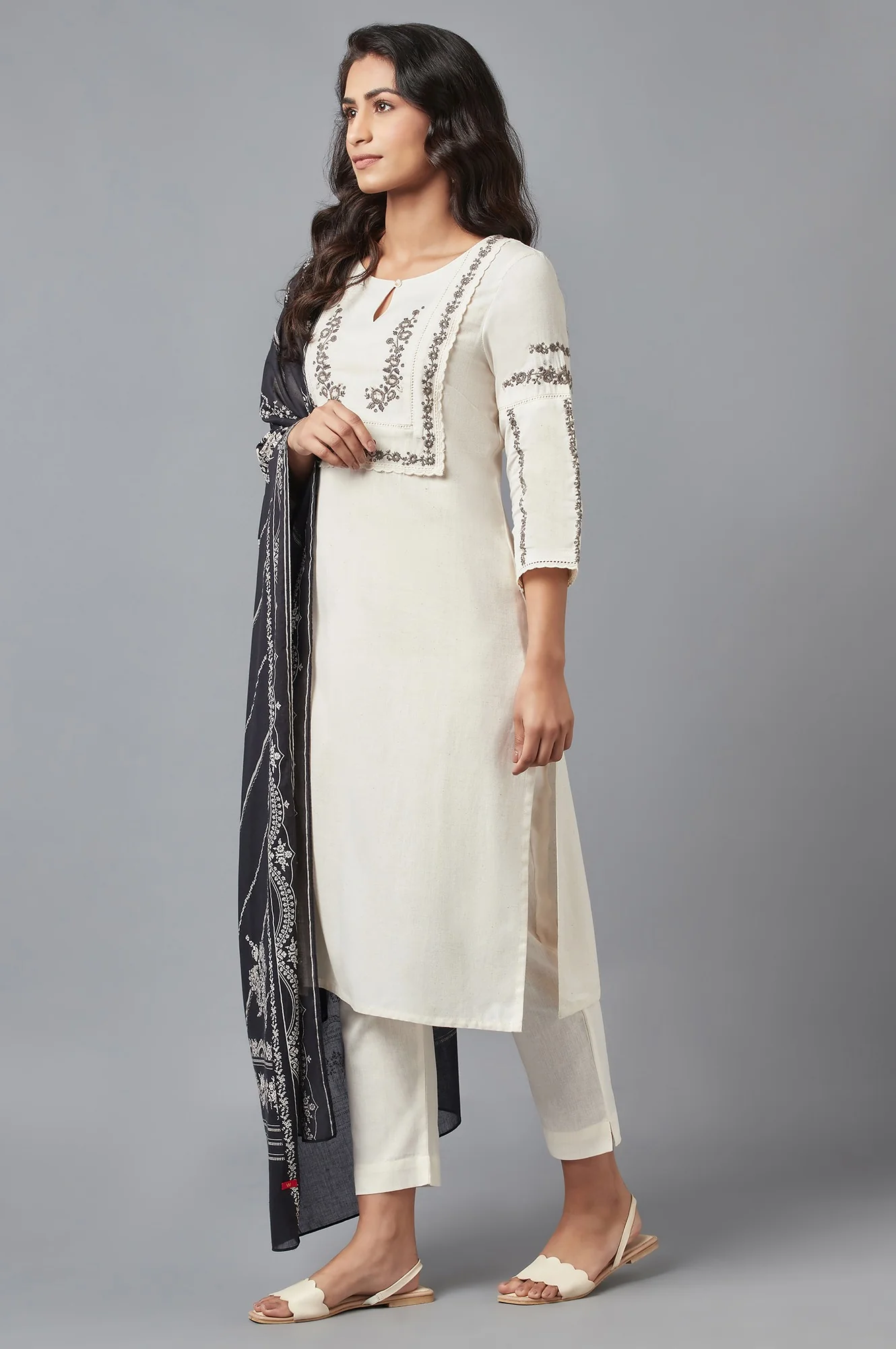 Natural Beige Embroidered kurta with Slim Pants and Dupatta - Image 3