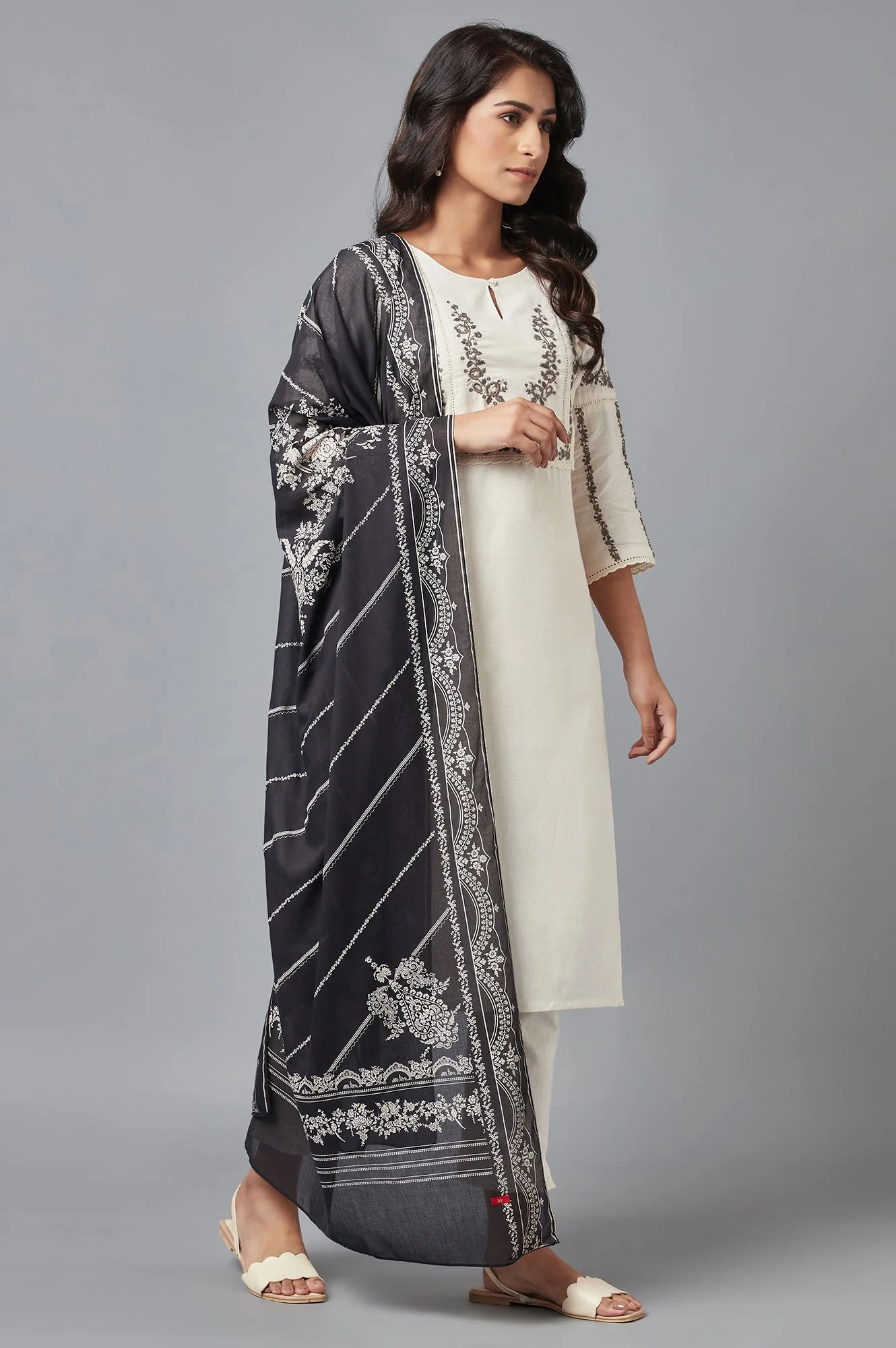 Natural Beige Embroidered kurta with Slim Pants and Dupatta - Image 4