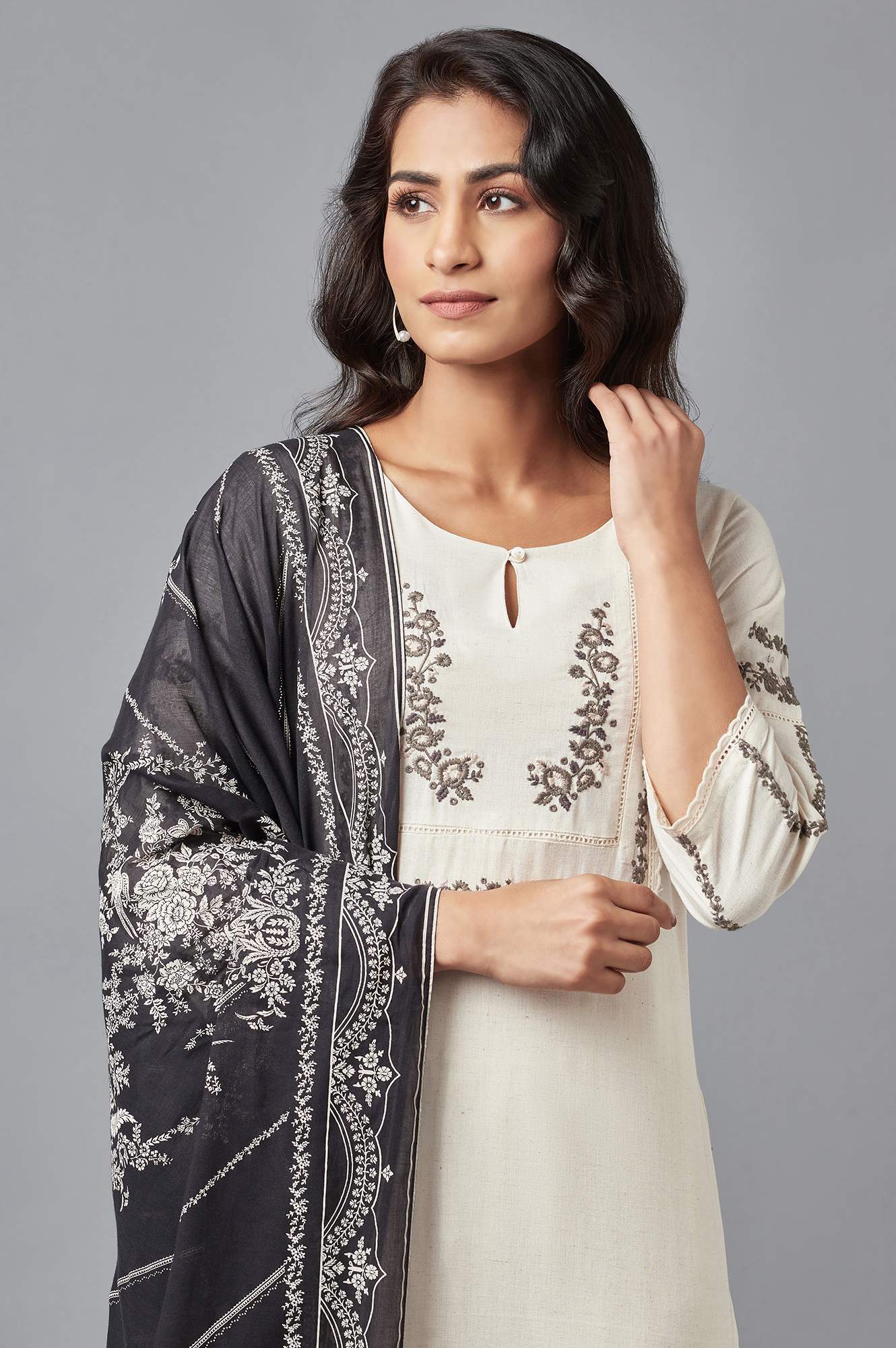 Natural Beige Embroidered kurta with Slim Pants and Dupatta - Image 5