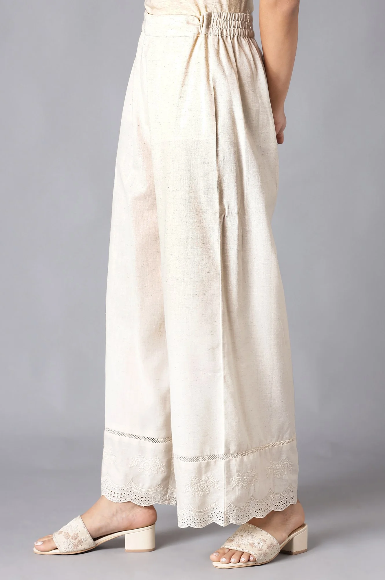 Ecru Parallel Pants With Embroidery Hemline - Image 3