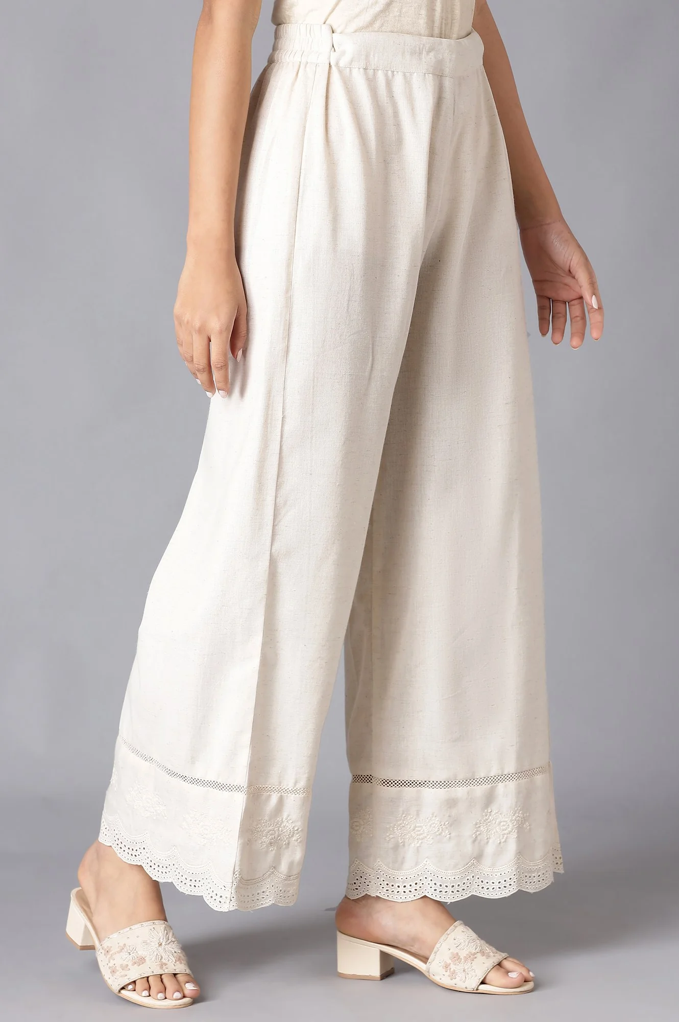 Ecru Parallel Pants With Embroidery Hemline - Image 4