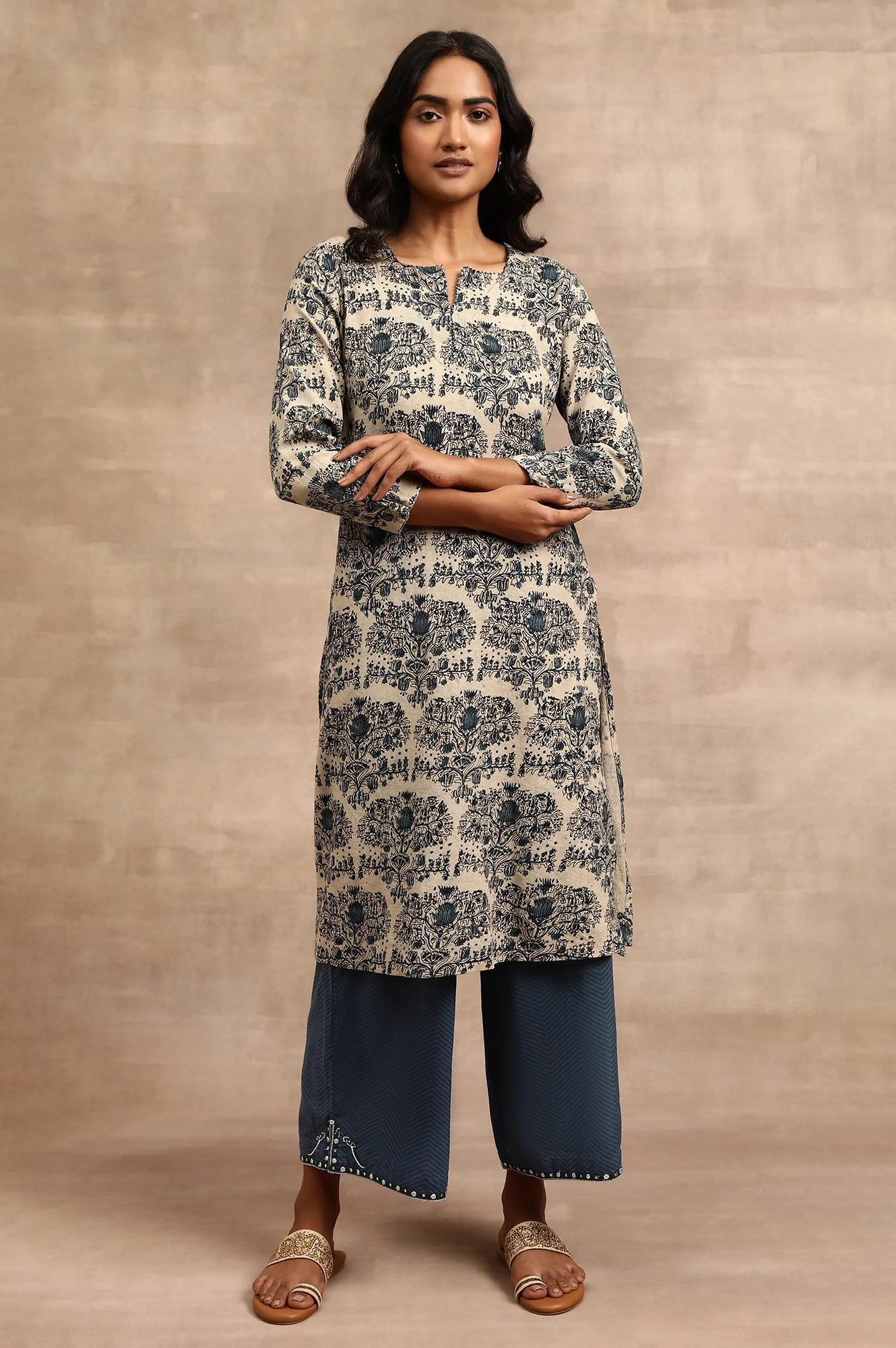 Natural Cotton Flax Hand Block Print kurta