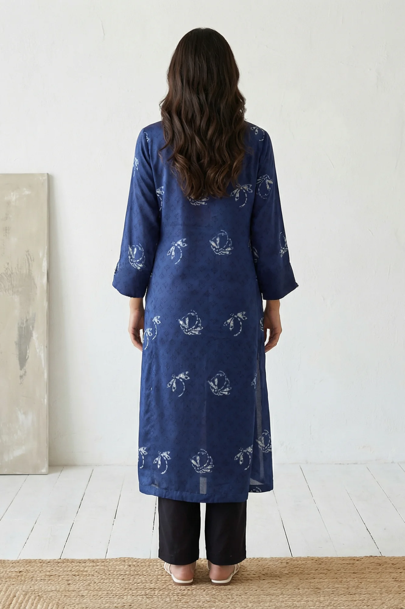 Navy Blue Batik Printed Satin Straight Kurta with Tassels - Image 4