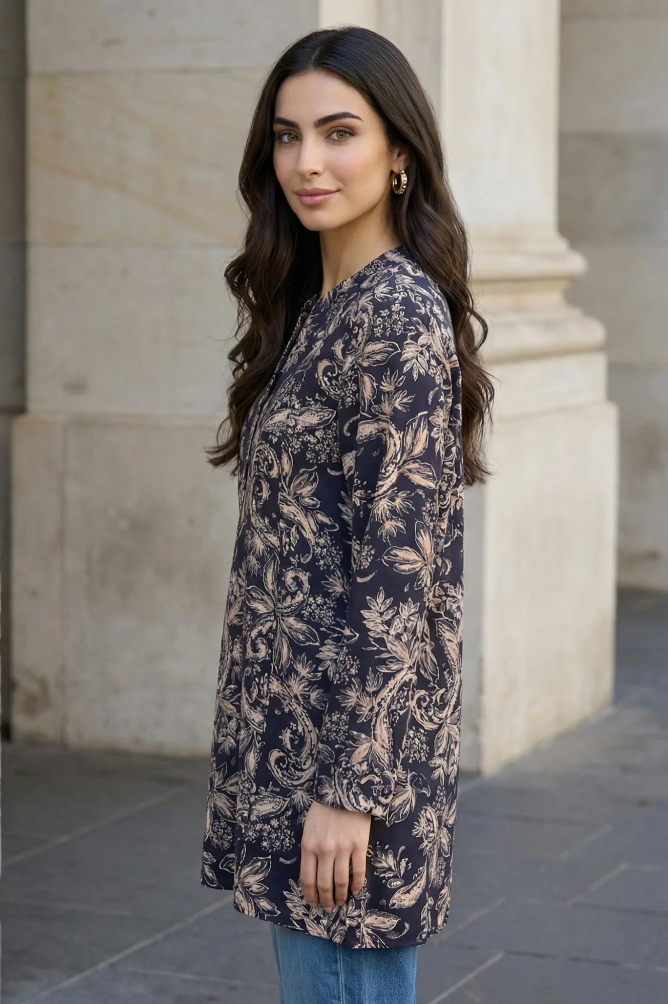 Navy Blue Block Paisley Printed Straight Tunic - Image 3