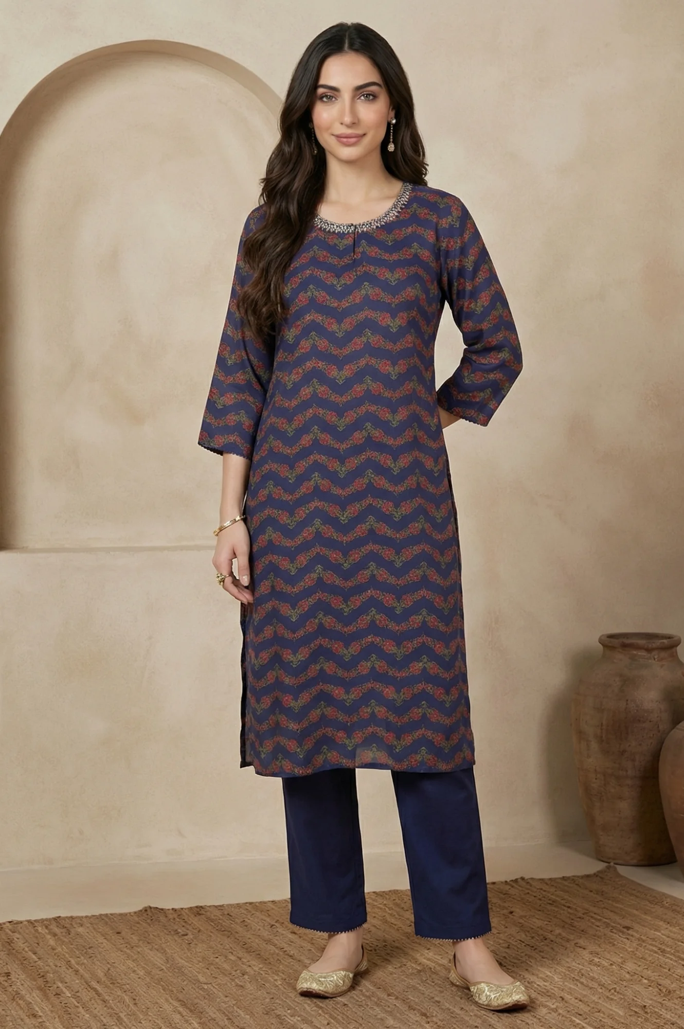 Navy Blue Chevron Beadwork Straight Kurta