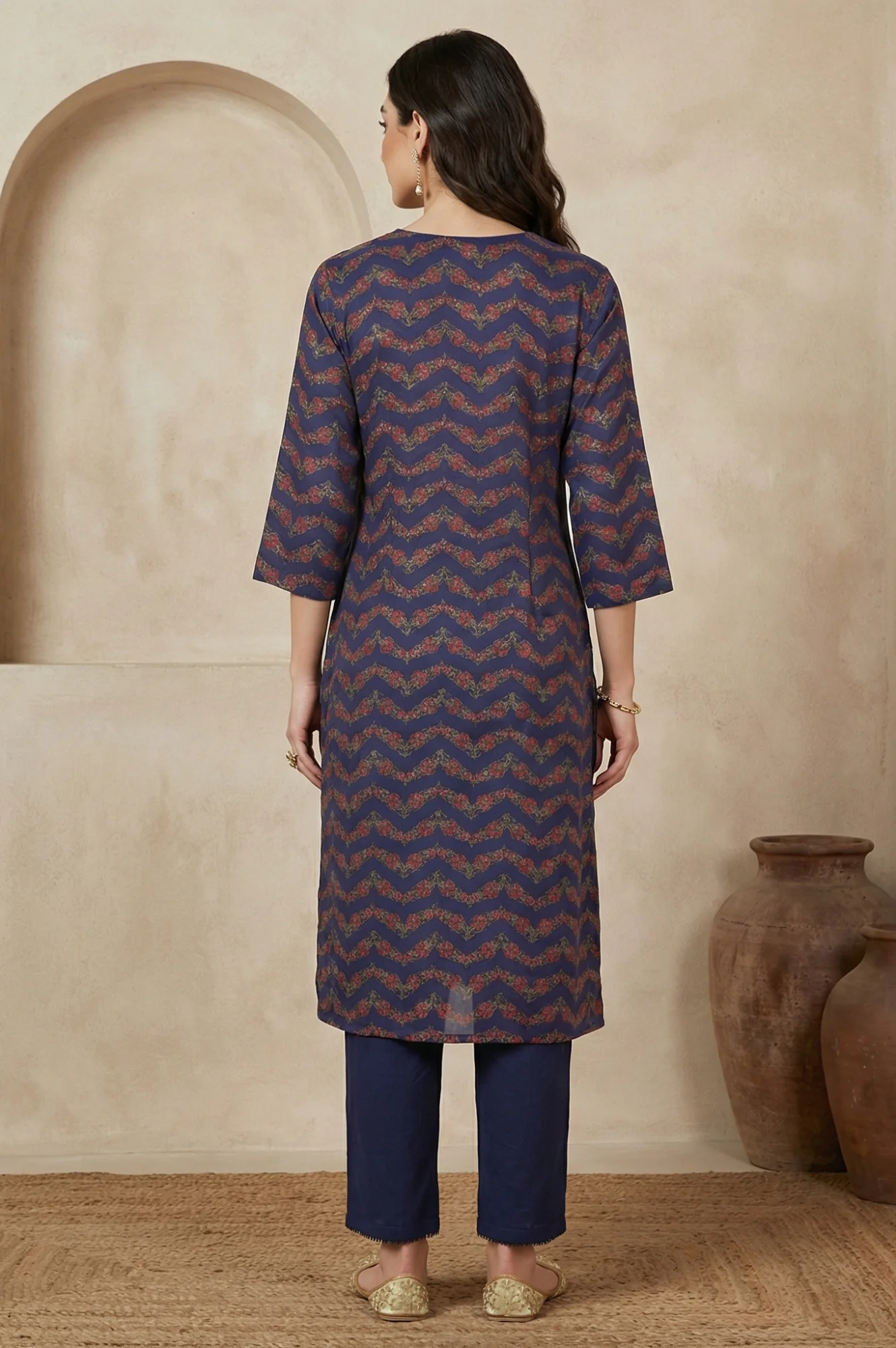 Navy Blue Chevron Beadwork Straight Kurta - Image 5