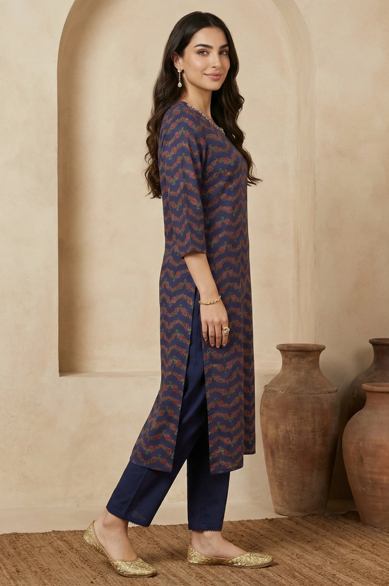 Navy Blue Chevron Beadwork Straight Kurta - Image 6