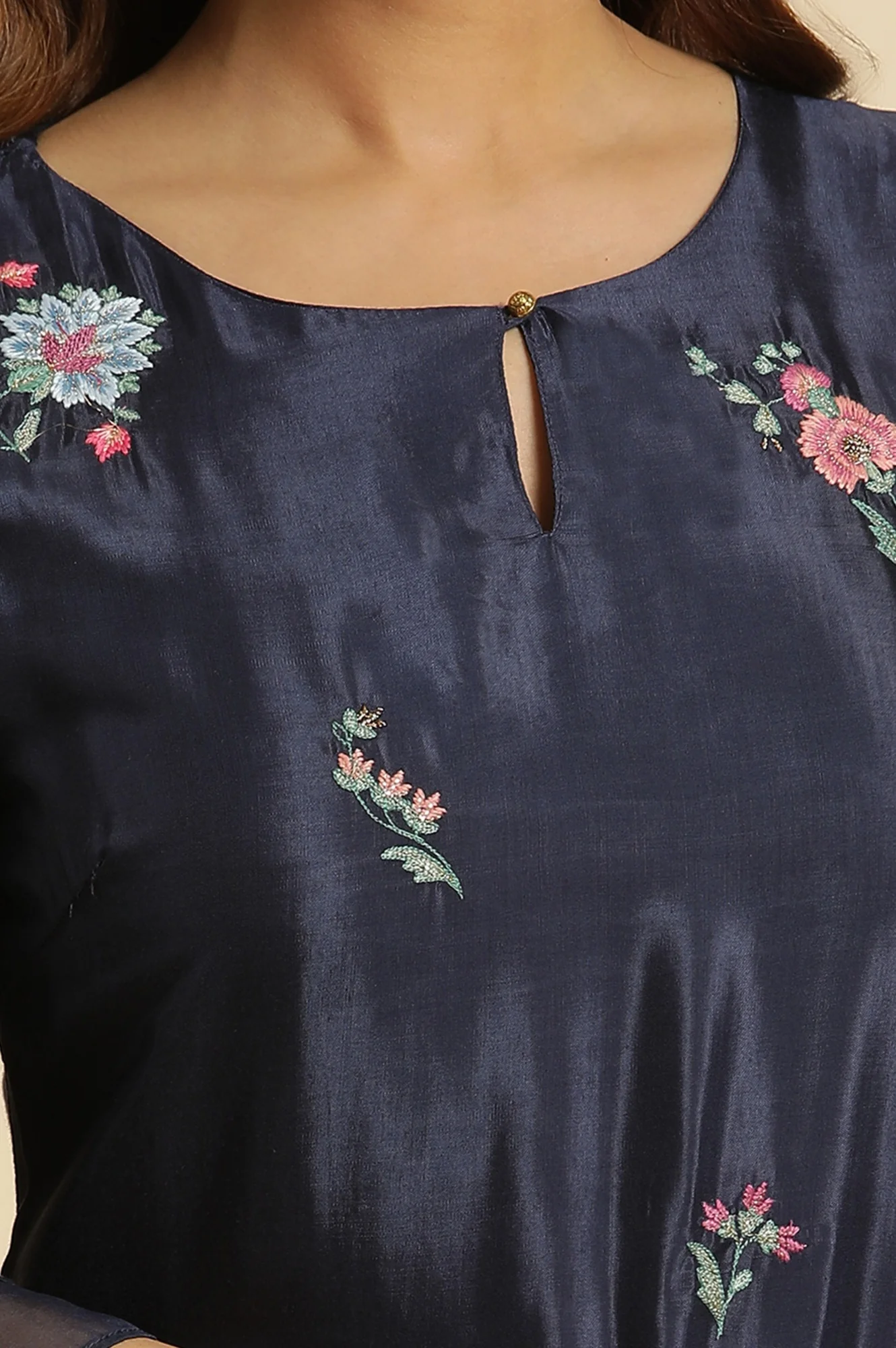 Navy Blue Chintz Motifs Embroidered Shantung Kurta - Image 3