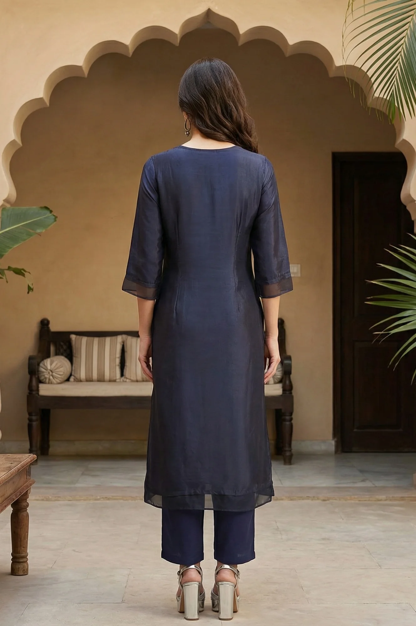 Navy Blue Chintz Motifs Embroidered Shantung Kurta - Image 5