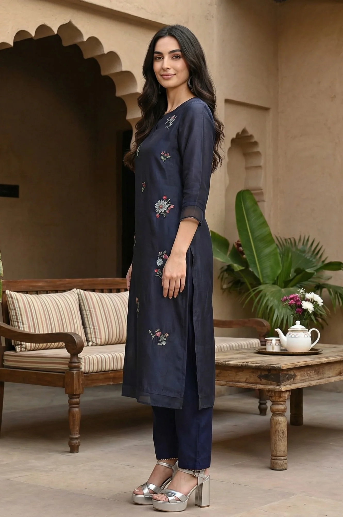 Navy Blue Chintz Motifs Embroidered Shantung Kurta - Image 6