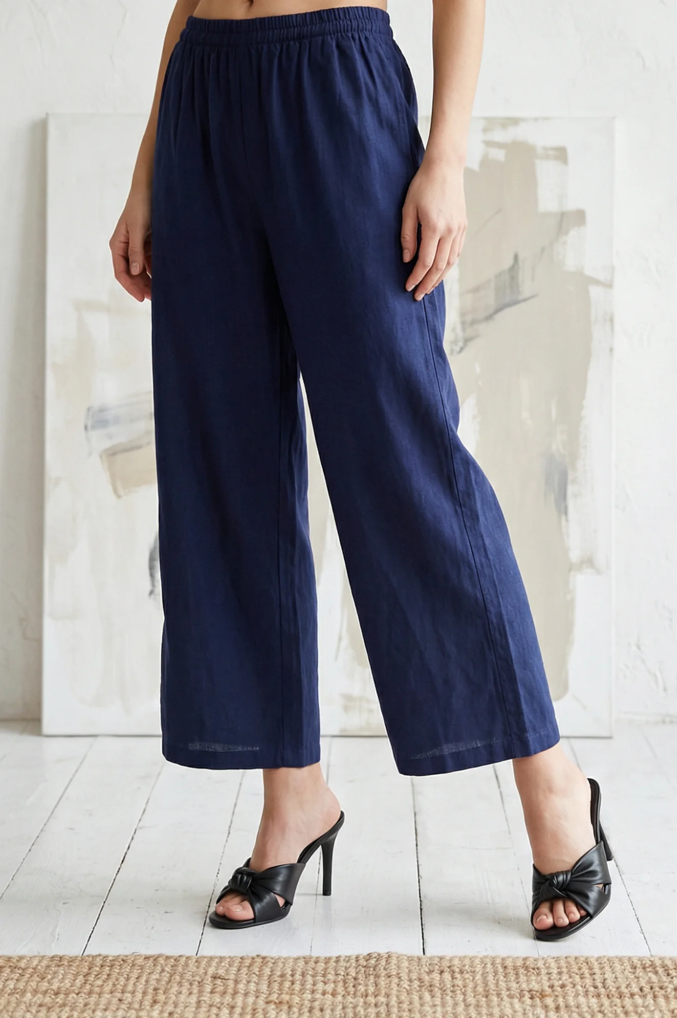 Navy Blue Cotton Flax Ankle Length Relaxed Pants