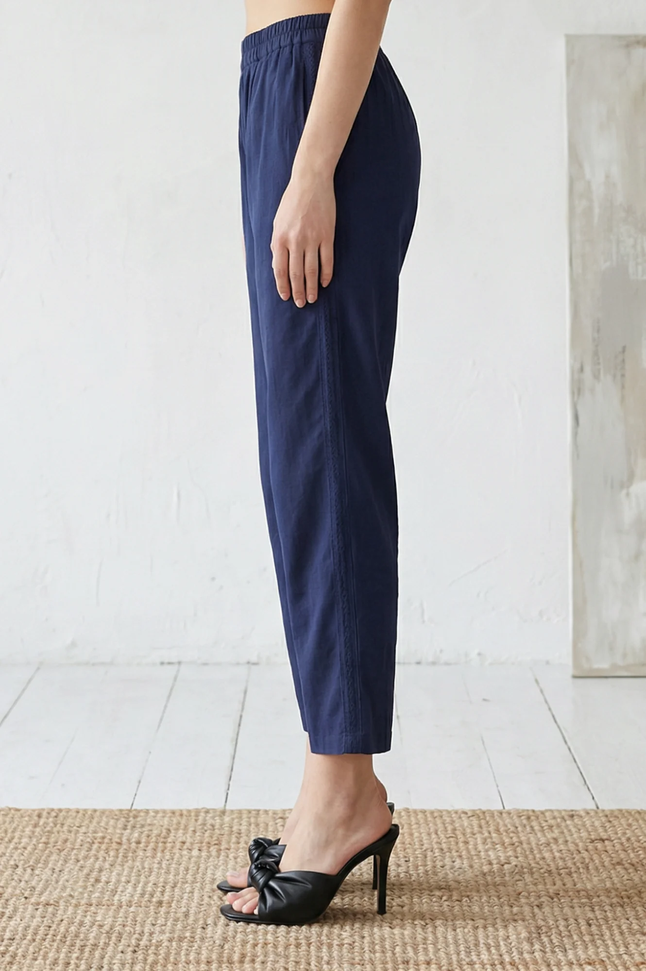 Navy Blue Cotton Flax Ankle Length Relaxed Pants - Image 2