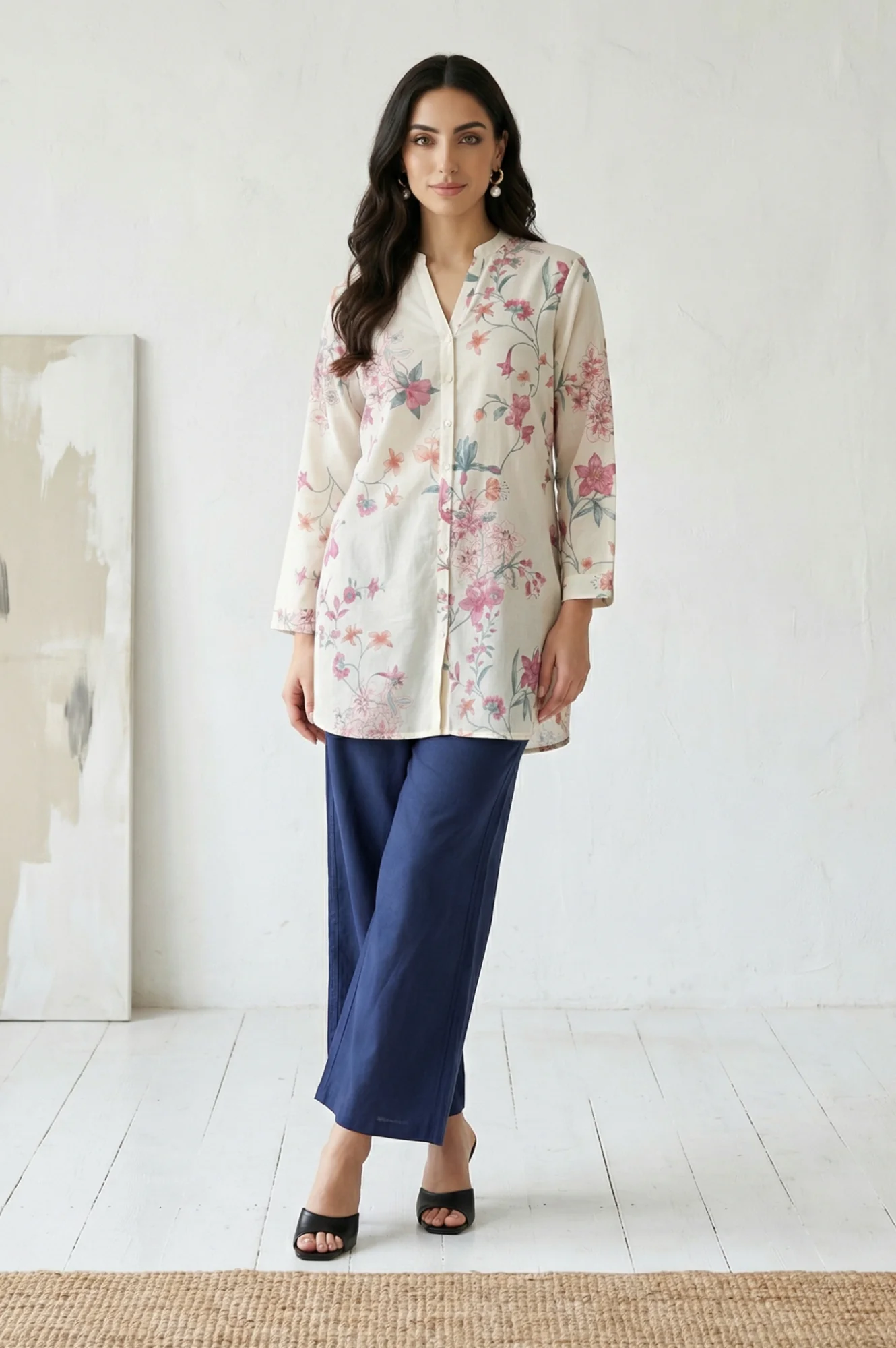 Navy Blue Cotton Flax Ankle Length Relaxed Pants - Image 4