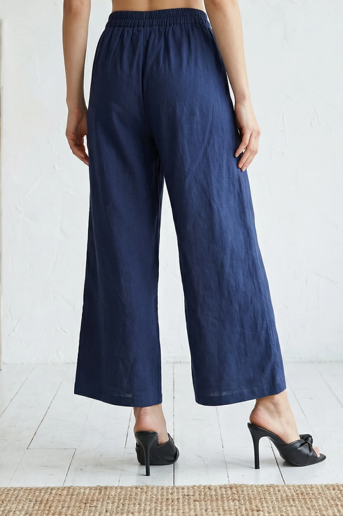 Navy Blue Cotton Flax Ankle Length Relaxed Pants - Image 5