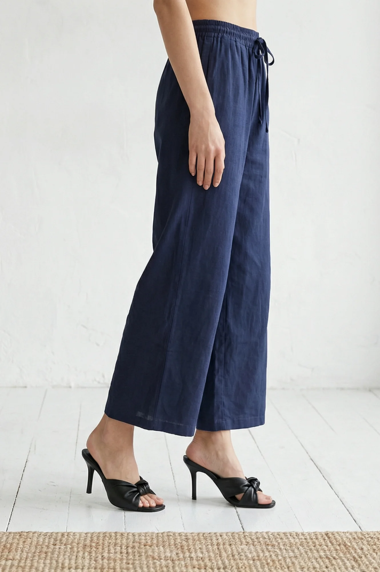 Navy Blue Cotton Flax Ankle Length Relaxed Pants - Image 6