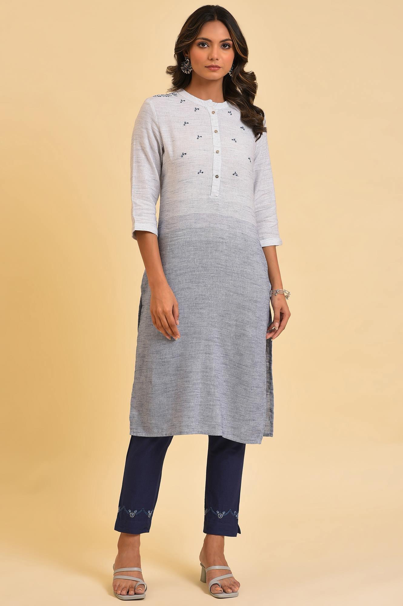 Navy Blue Cotton Slim Pants With Embroidered Hem - Image 5