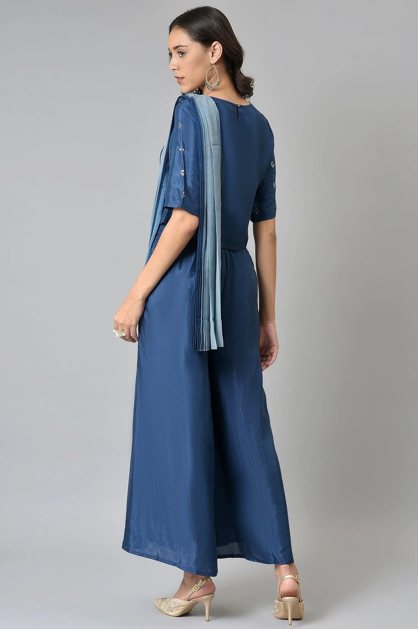 Navy Blue Crop With Pants Having Attached Ombre Drape - Image 2