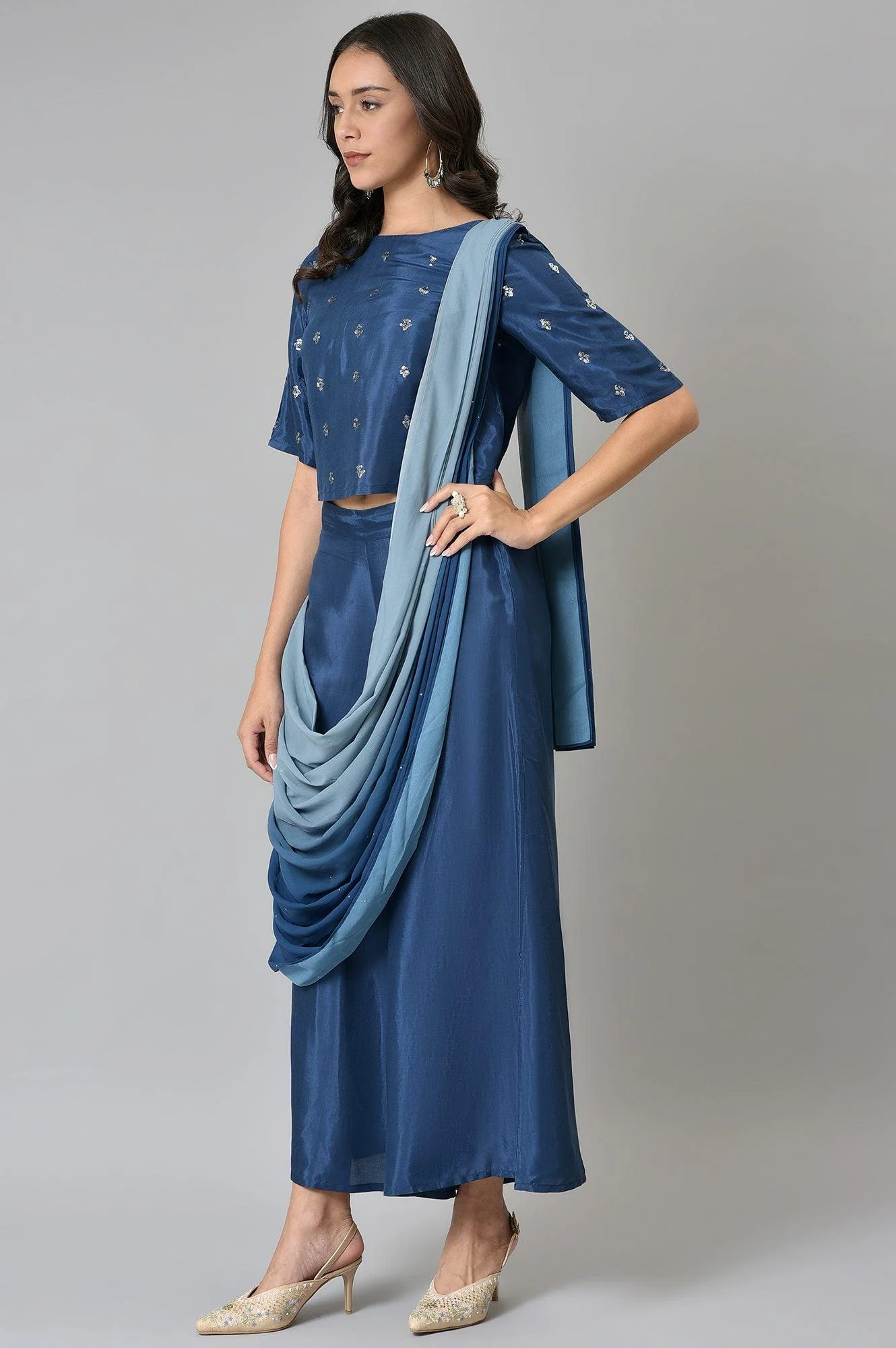 Navy Blue Crop With Pants Having Attached Ombre Drape - Image 3