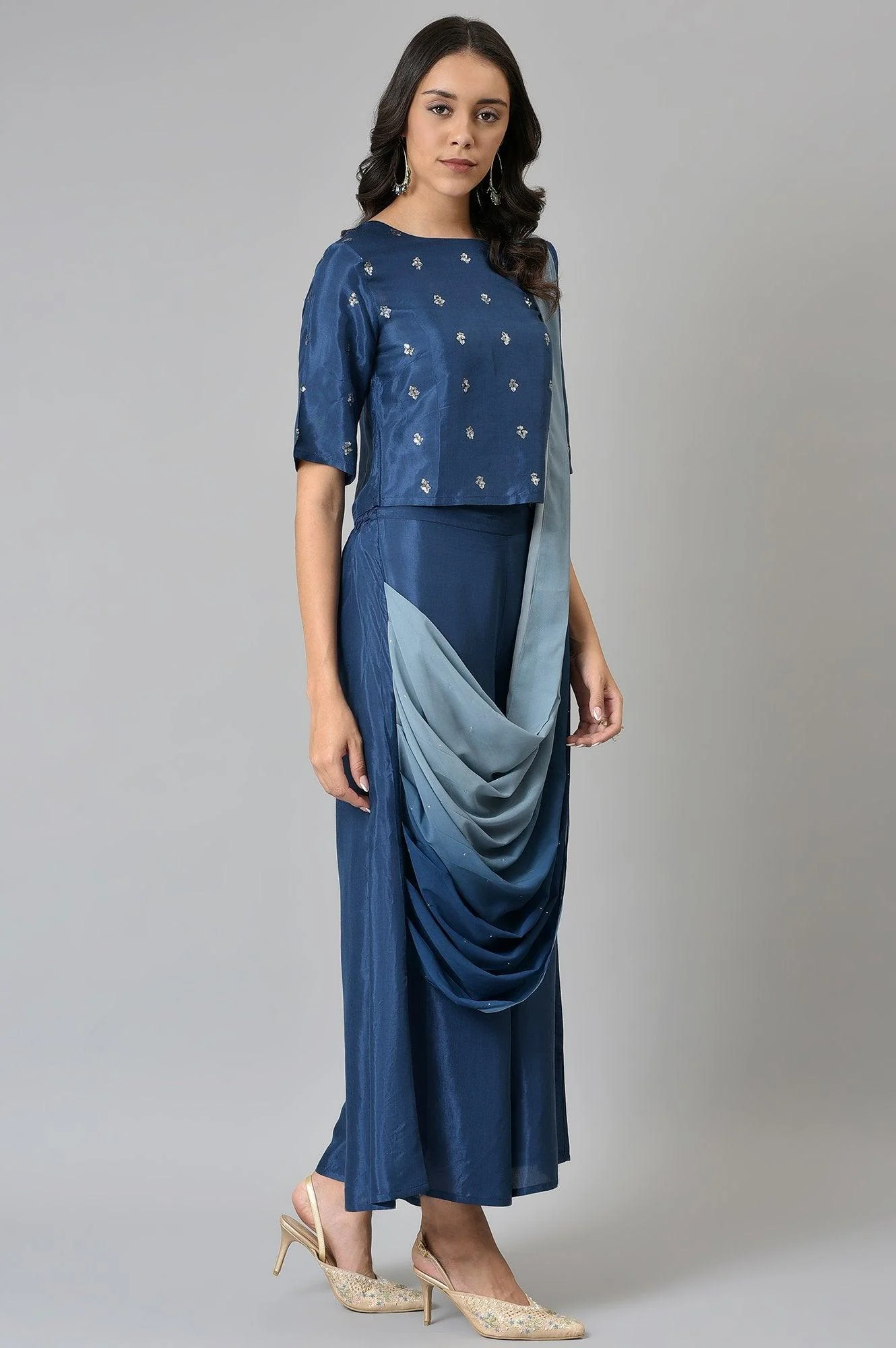 Navy Blue Crop With Pants Having Attached Ombre Drape - Image 4