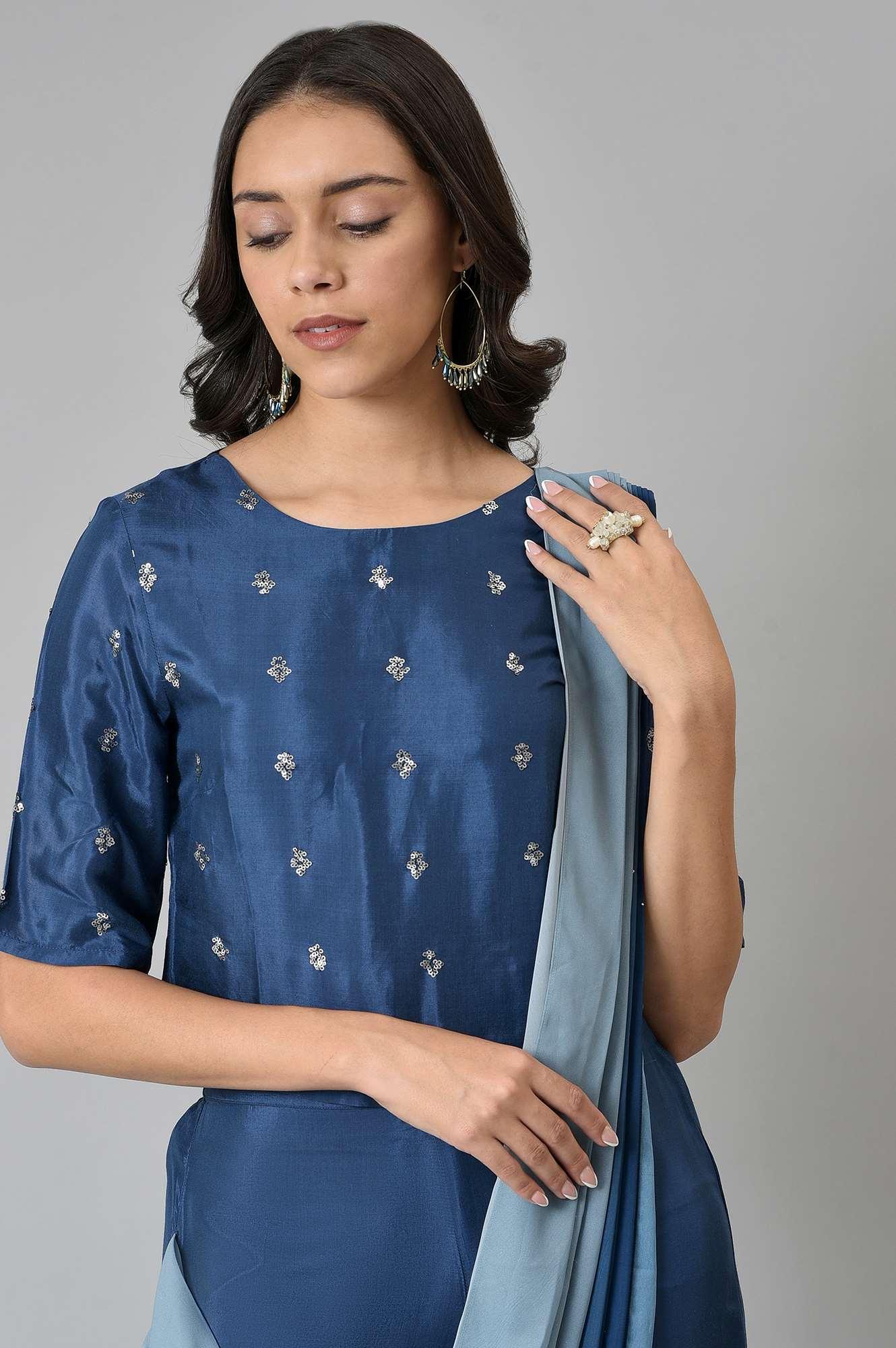 Navy Blue Crop With Pants Having Attached Ombre Drape - Image 5